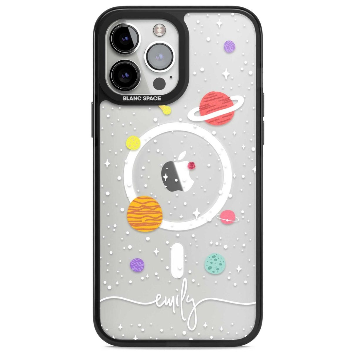 Personalised Cute Cartoon Planets (Clear) Phone Case iPhone 13 Pro Max / Magsafe Black Impact Case Blanc Space