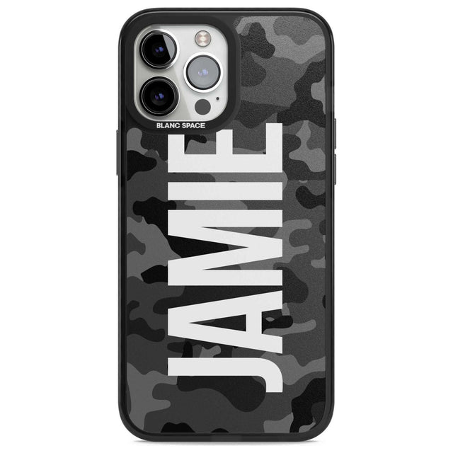 Personalised Vertical Name Black Camouflage Custom Phone Case iPhone 13 Pro Max / Magsafe Black Impact Case Blanc Space