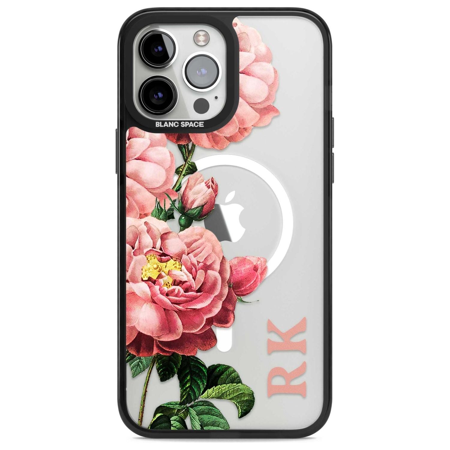 Personalised Clear Vintage Floral Pink Peonies Custom Phone Case iPhone 13 Pro Max / Magsafe Black Impact Case Blanc Space