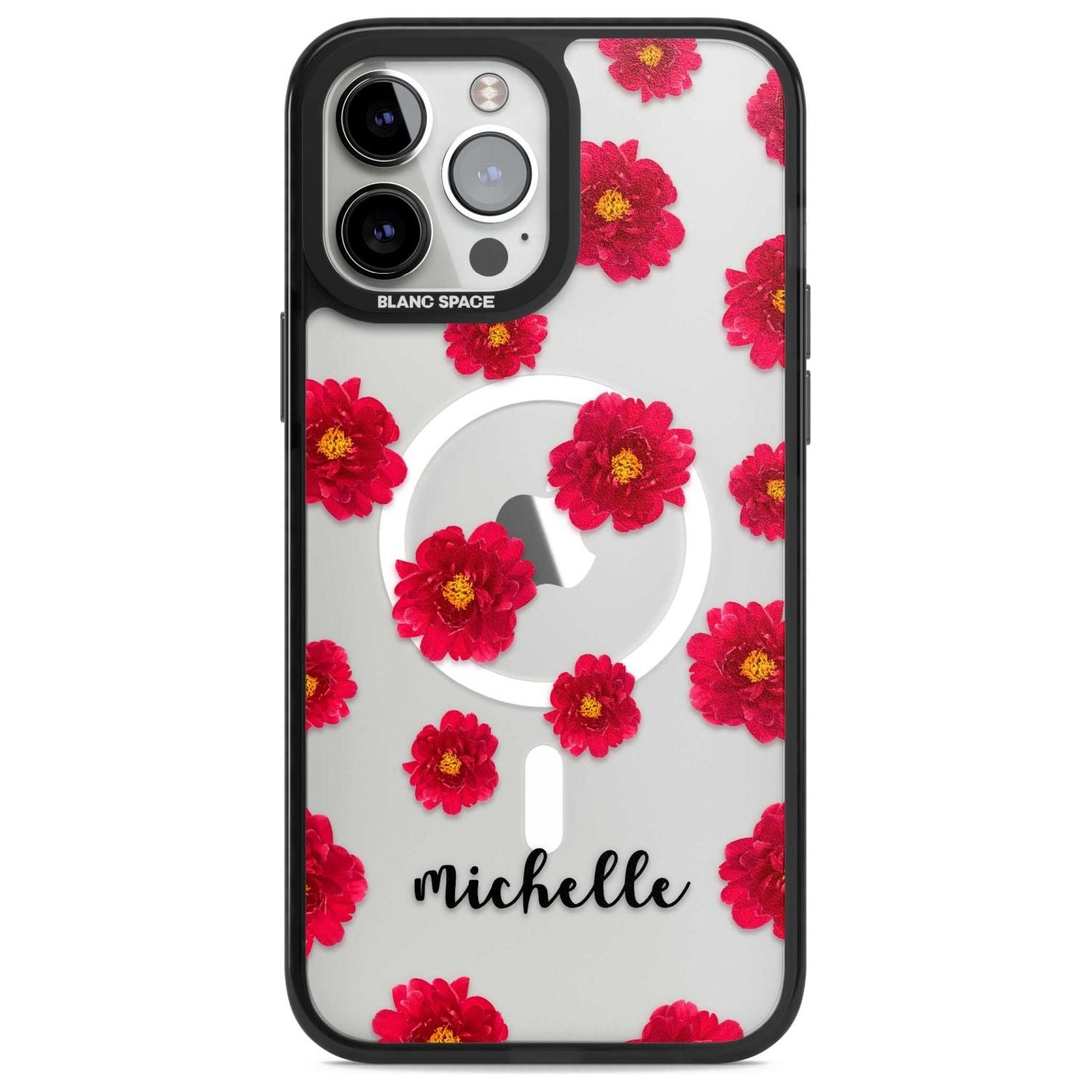 Personalised Red Peonies & Cursive Custom Phone Case iPhone 13 Pro Max / Magsafe Black Impact Case Blanc Space