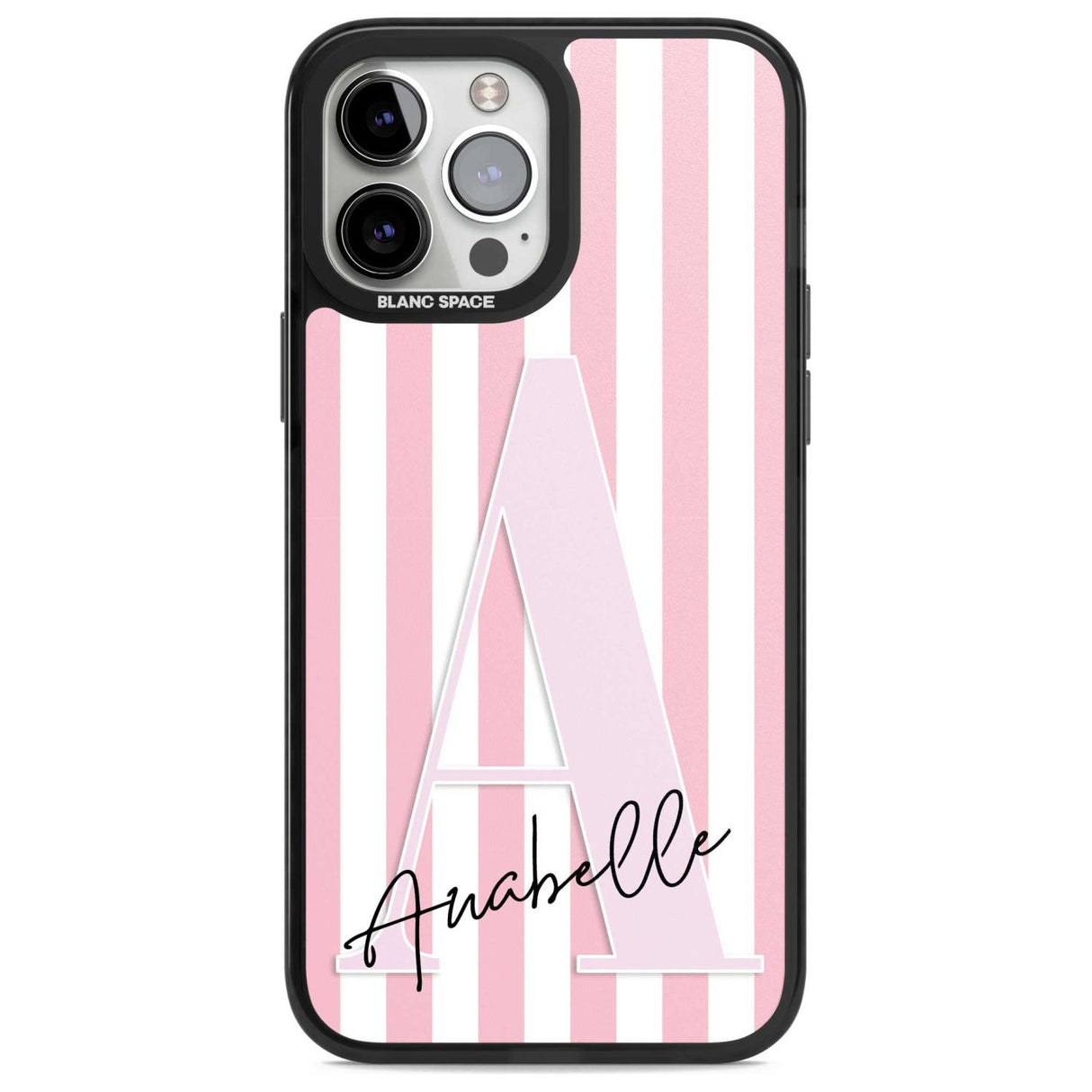 Personalised Pink Stripes & Large Monogram Custom Phone Case iPhone 13 Pro Max / Magsafe Black Impact Case Blanc Space