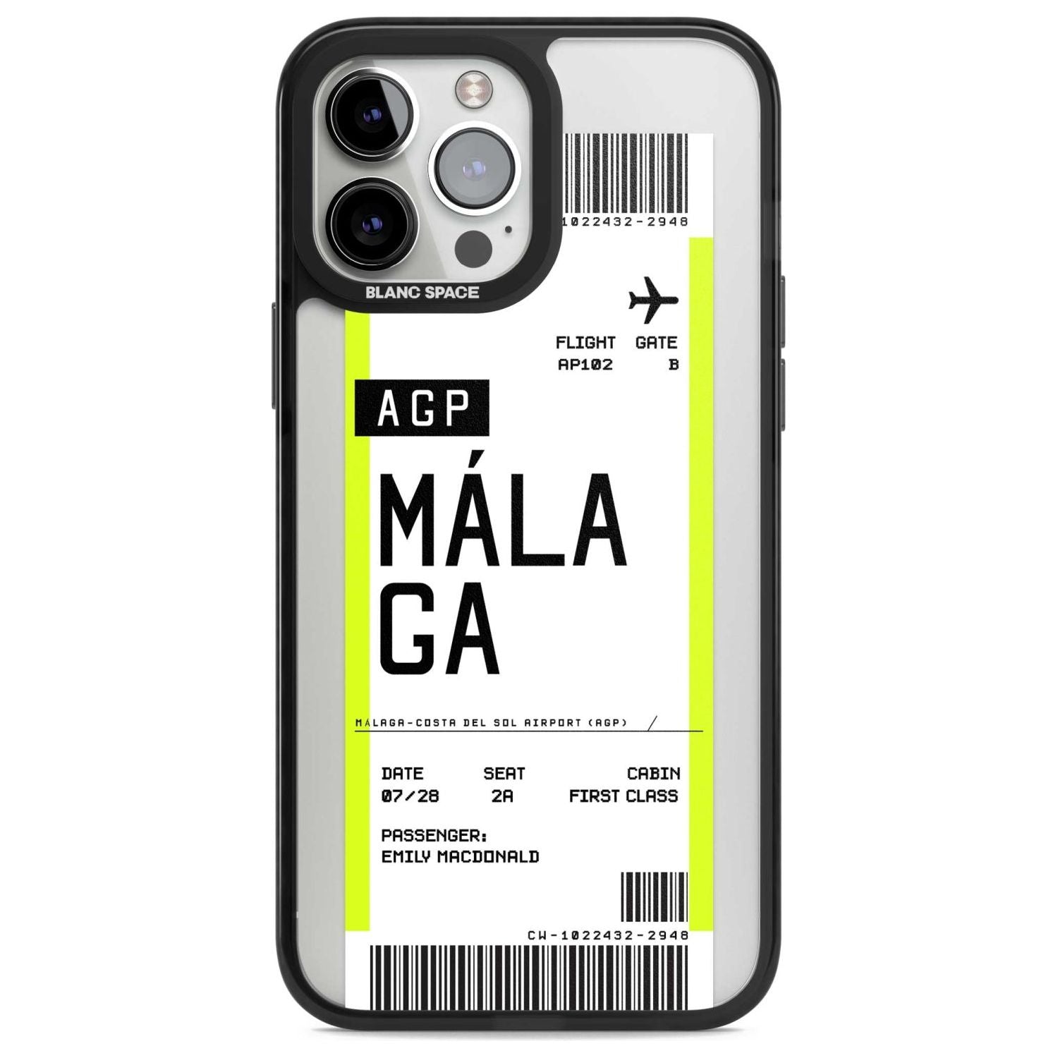 Personalised Málaga Boarding Pass Custom Phone Case iPhone 13 Pro Max / Magsafe Black Impact Case Blanc Space