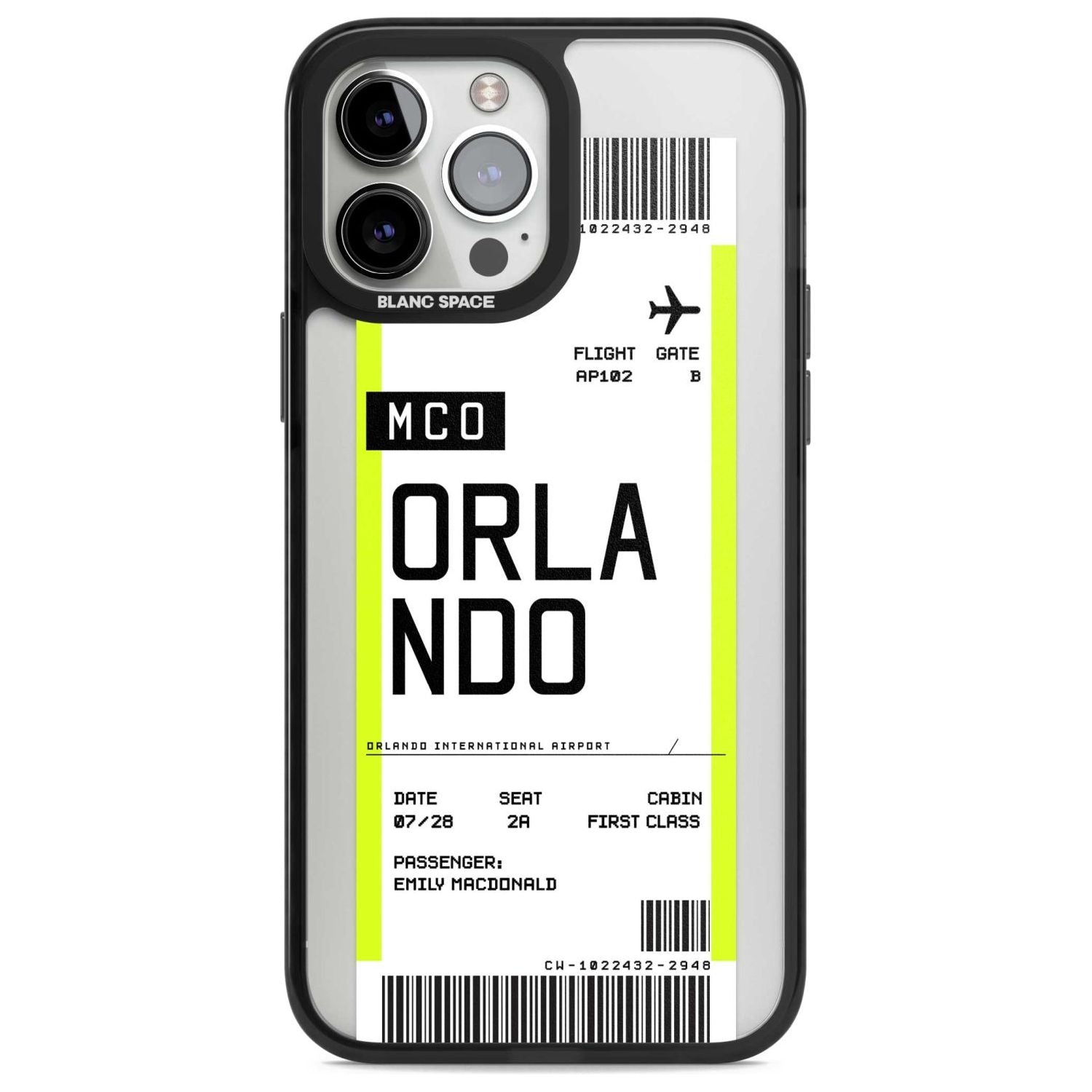 Personalised Orlando Boarding Pass Custom Phone Case iPhone 13 Pro Max / Magsafe Black Impact Case Blanc Space