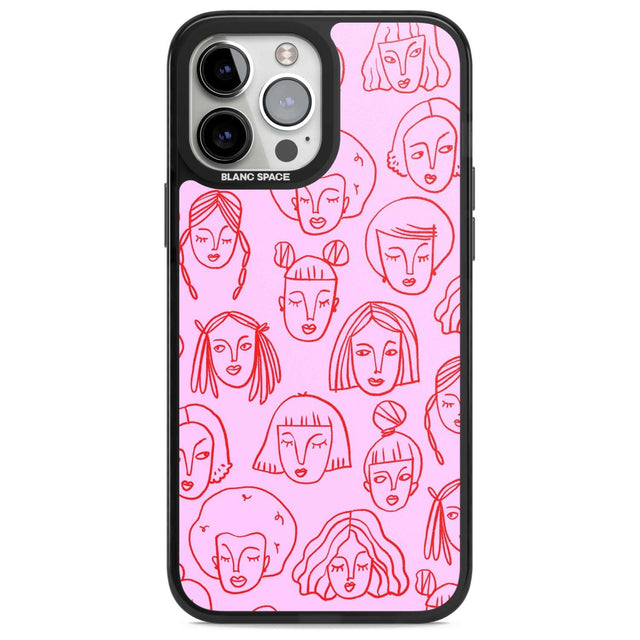 Girl Portrait Doodles in Pink & Red Phone Case iPhone 13 Pro Max / Magsafe Black Impact Case Blanc Space