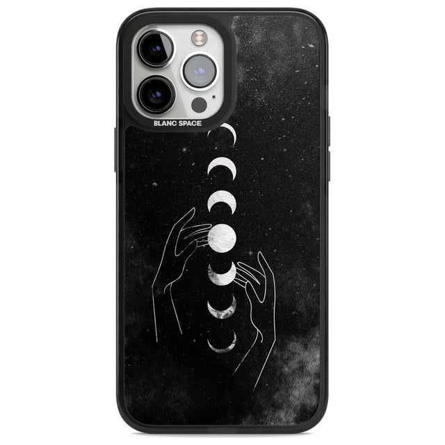 Moon Phases and Hands Phone Case iPhone 13 Pro Max / Magsafe Black Impact Case Blanc Space