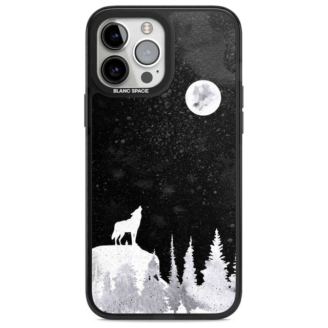 Moon Phases: Wolf & Full Moon Phone Case iPhone 13 Pro Max / Magsafe Black Impact Case Blanc Space