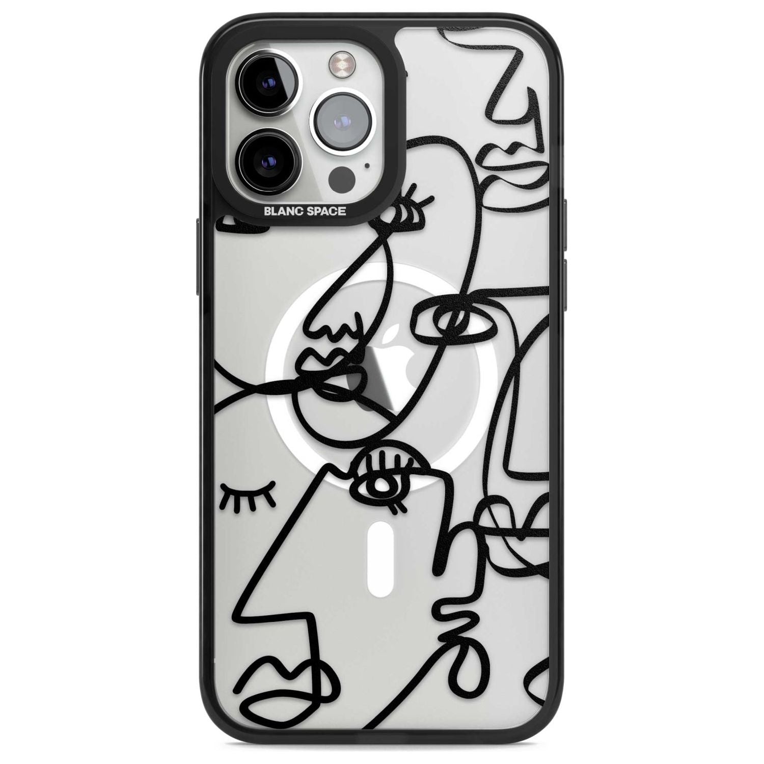 Abstract Continuous Line Faces Black on Clear Phone Case iPhone 13 Pro Max / Magsafe Black Impact Case Blanc Space