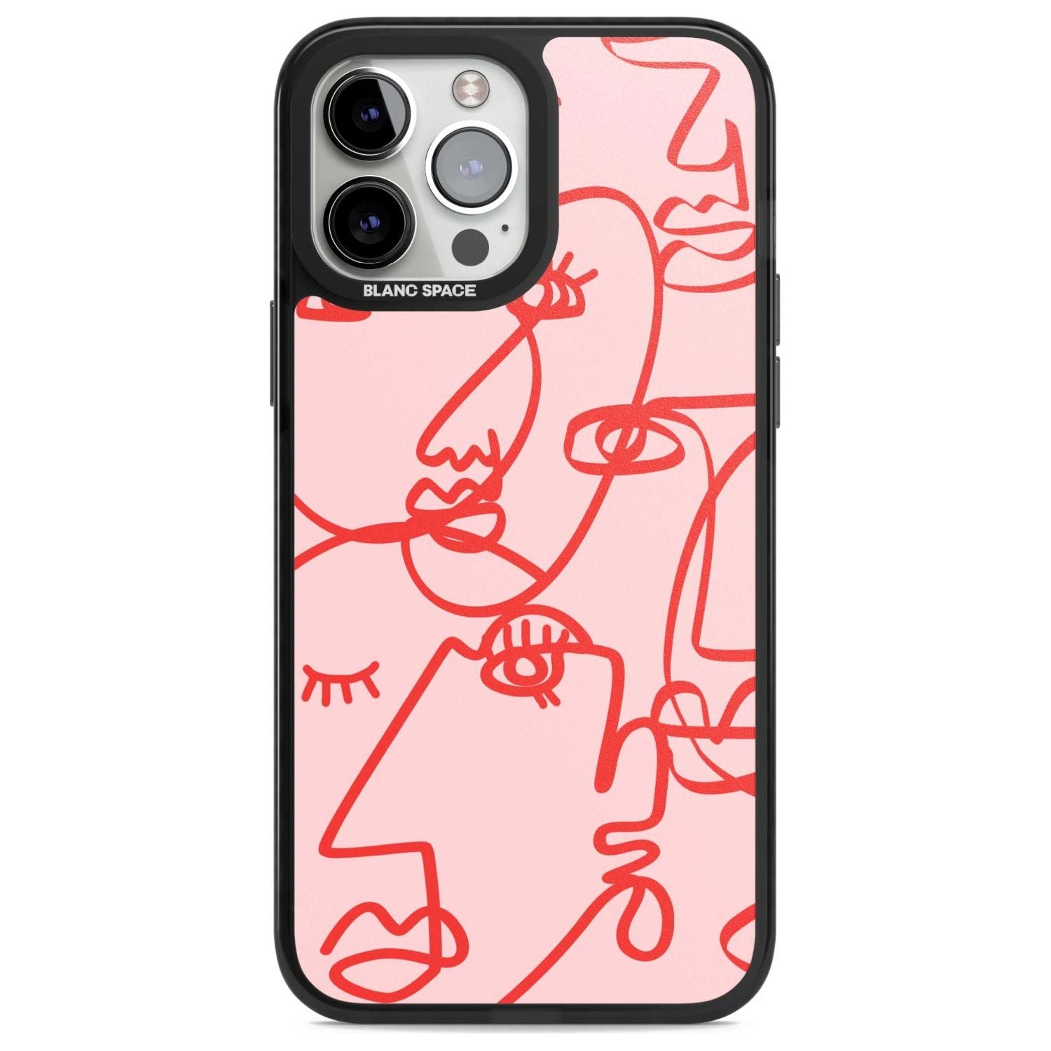 Abstract Continuous Line Faces Red on Pink Phone Case iPhone 13 Pro Max / Magsafe Black Impact Case Blanc Space