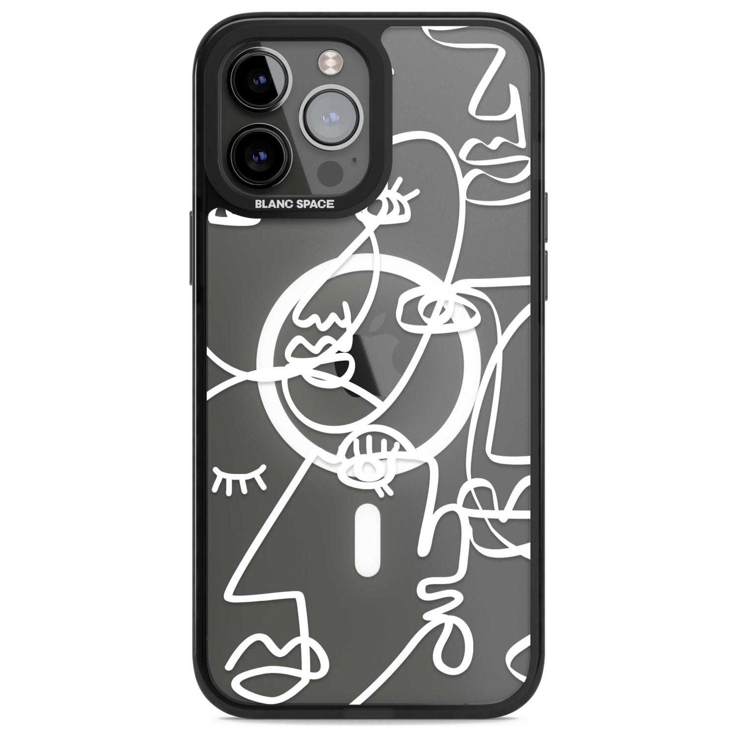 Abstract Continuous Line Faces White on Clear Phone Case iPhone 13 Pro Max / Magsafe Black Impact Case Blanc Space
