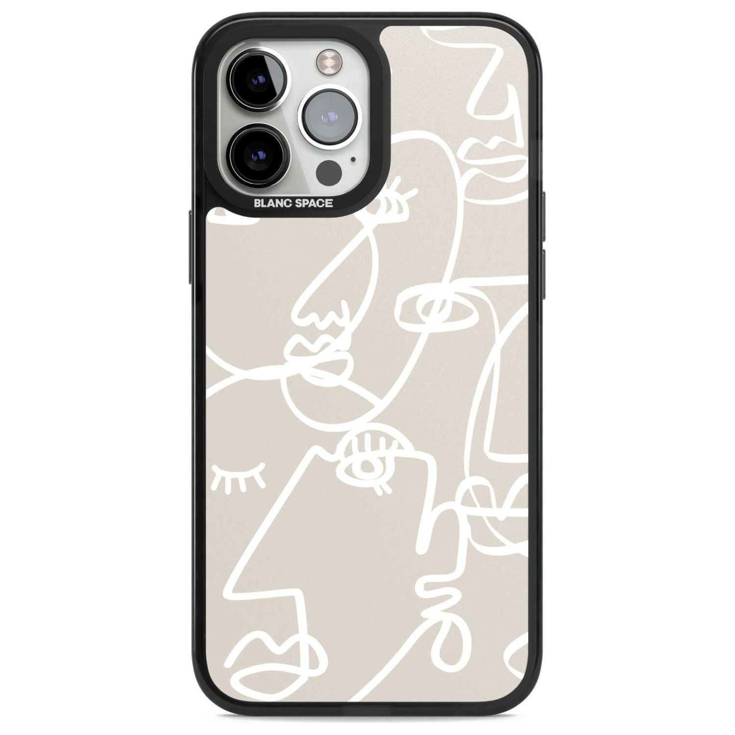 Abstract Continuous Line Faces White on Beige Phone Case iPhone 13 Pro Max / Magsafe Black Impact Case Blanc Space