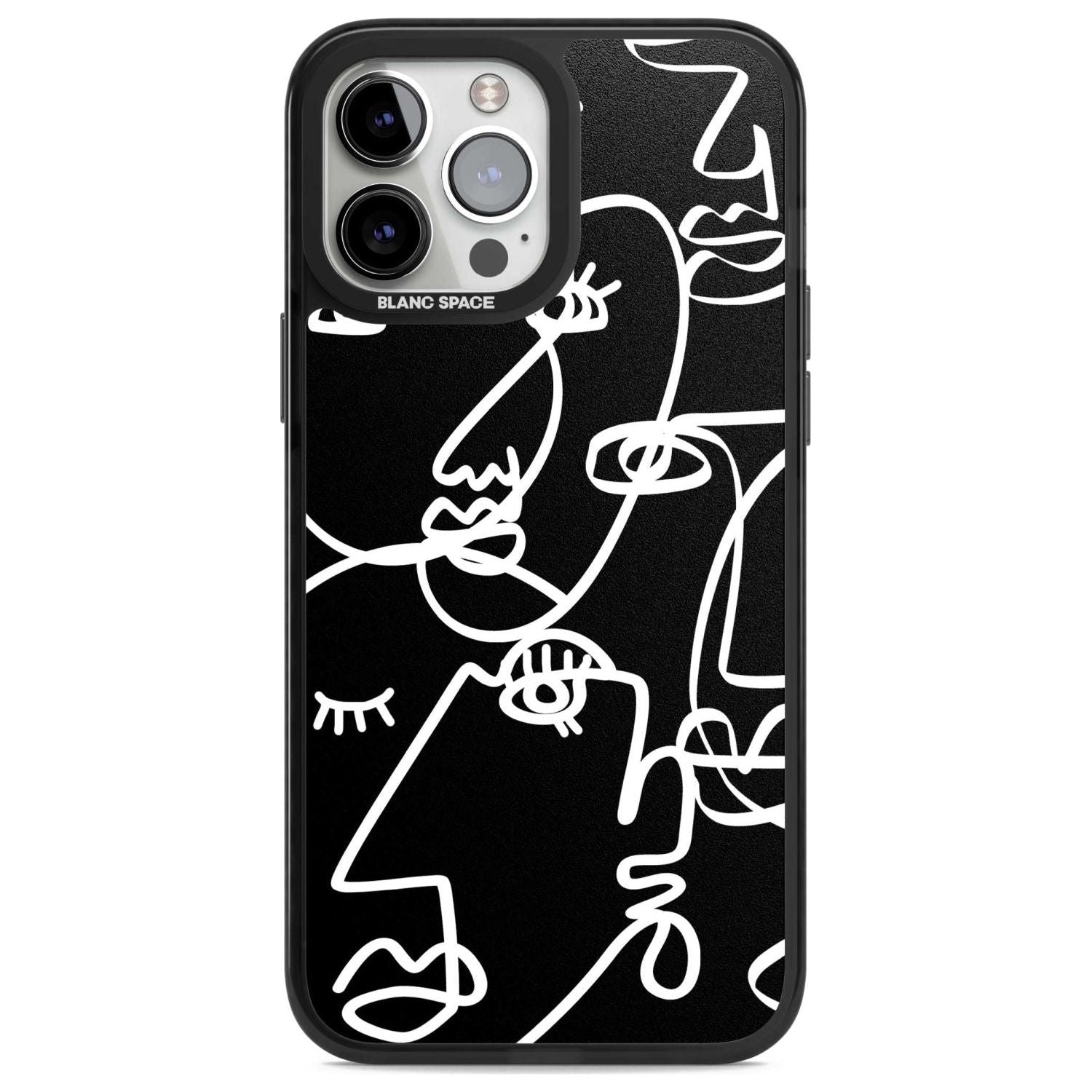 Abstract Continuous Line Faces White on Black Phone Case iPhone 13 Pro Max / Magsafe Black Impact Case Blanc Space