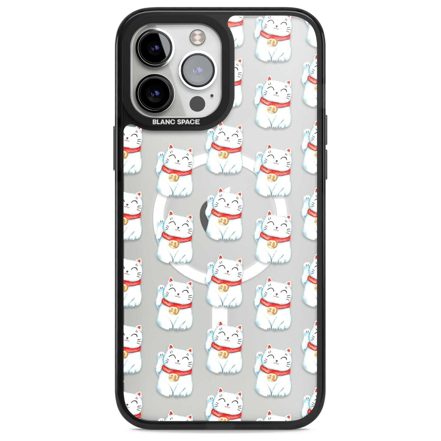 Lucky Cat Maneki-Neko Japanese Pattern Phone Case iPhone 13 Pro Max / Magsafe Black Impact Case Blanc Space