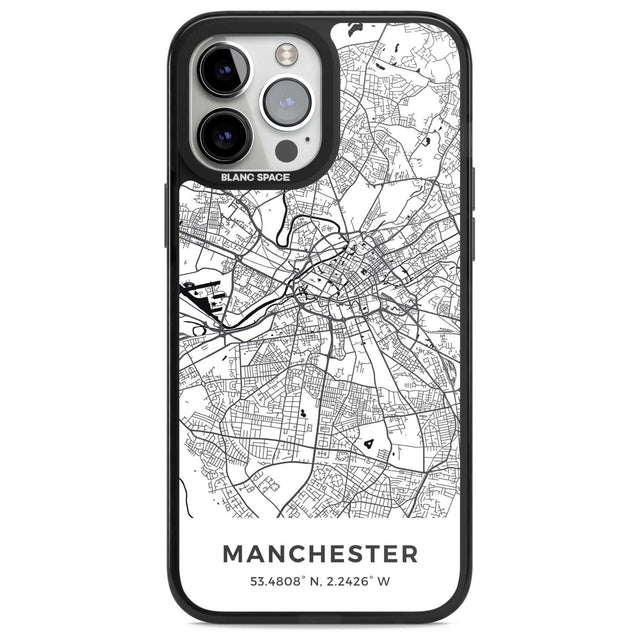 Map of Manchester, England Phone Case iPhone 13 Pro Max / Magsafe Black Impact Case Blanc Space