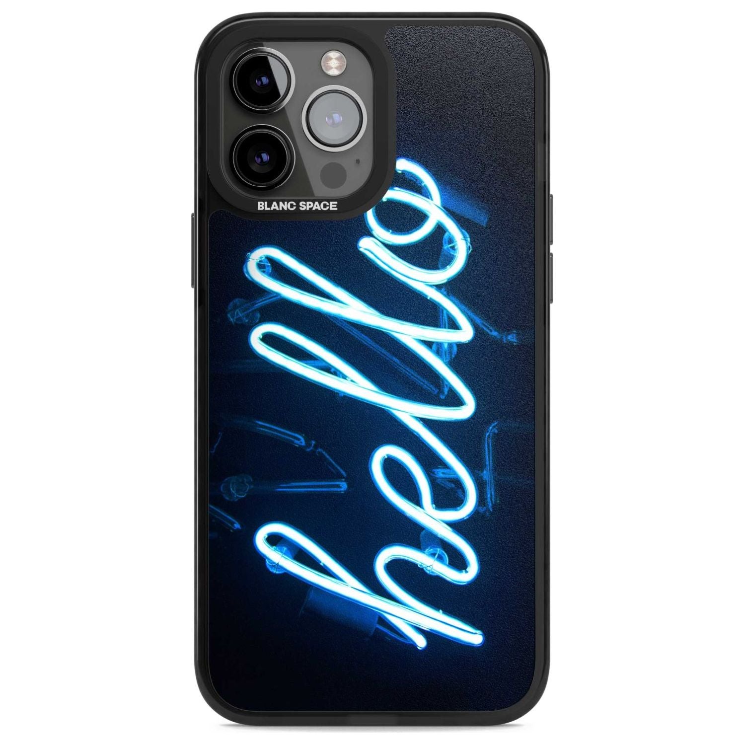 "Hello" Blue Cursive Neon Sign Phone Case iPhone 13 Pro Max / Magsafe Black Impact Case Blanc Space