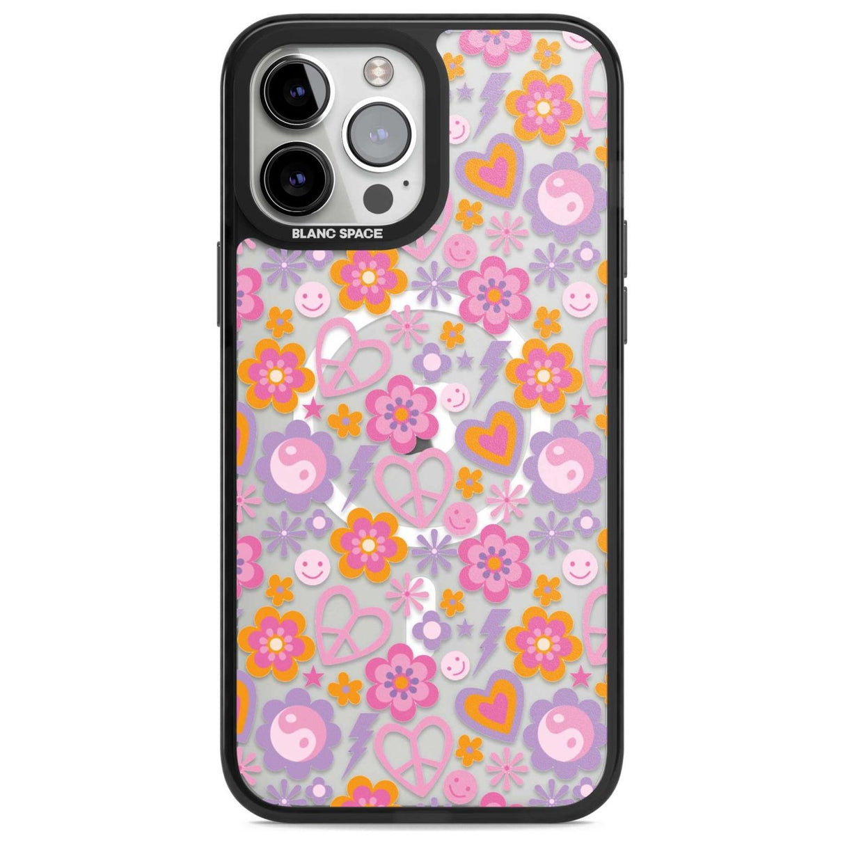 Peace, Love and Flowers Pattern Phone Case iPhone 13 Pro Max / Magsafe Black Impact Case Blanc Space