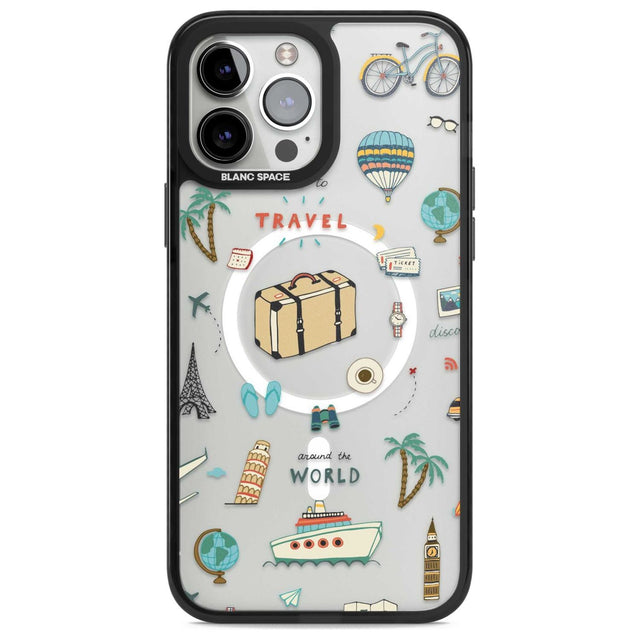 Cute Travel Pattern Transparent Phone Case iPhone 13 Pro Max / Magsafe Black Impact Case Blanc Space