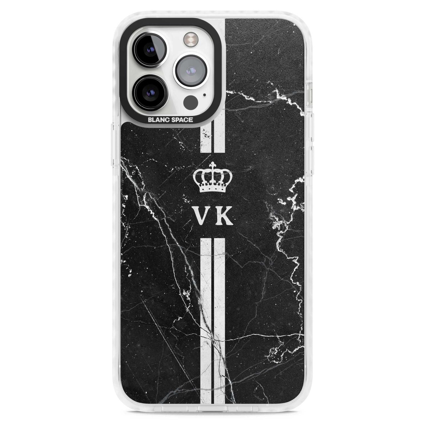 Personalised Stripes + Initials with Crown on Black Marble