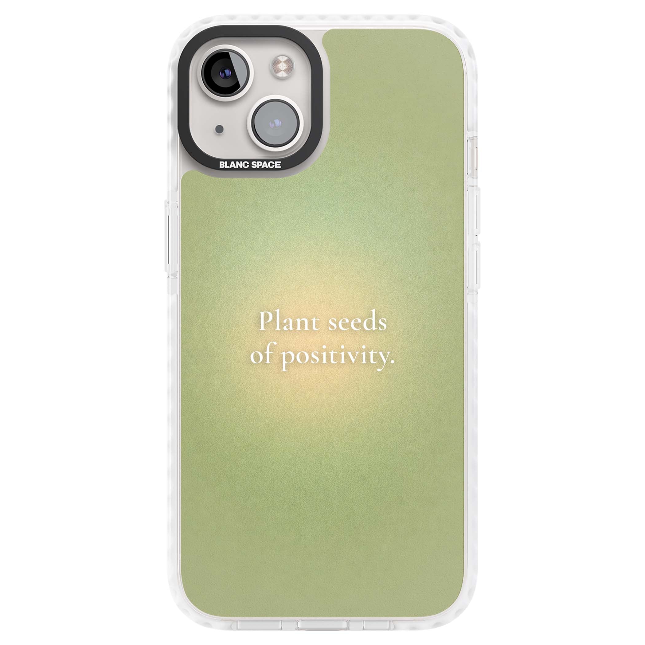 Seeds of Positivity quote iPhone case featuring a sage green aura gradient and golden glow affirmation | Clear Impact case for iPhone 13, iPhone 14, iPhone 15