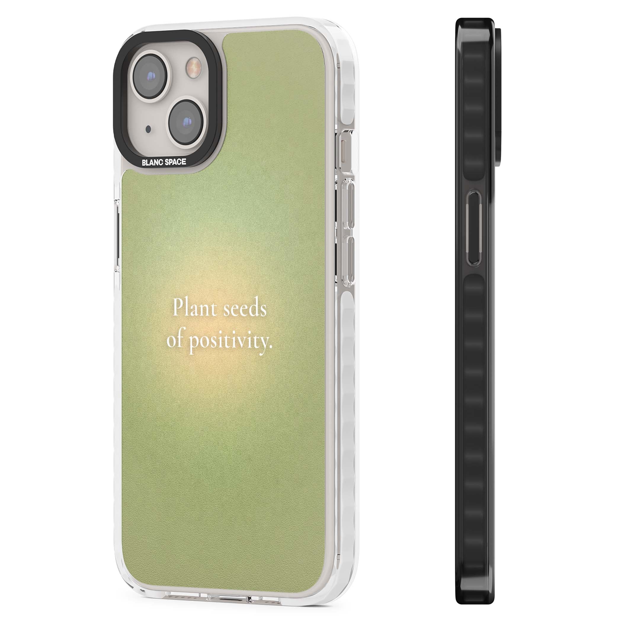 Seeds of Positivity quote iPhone case featuring a sage green aura gradient and golden glow affirmation | Clear Impact case for iPhone 13, iPhone 14, iPhone 15