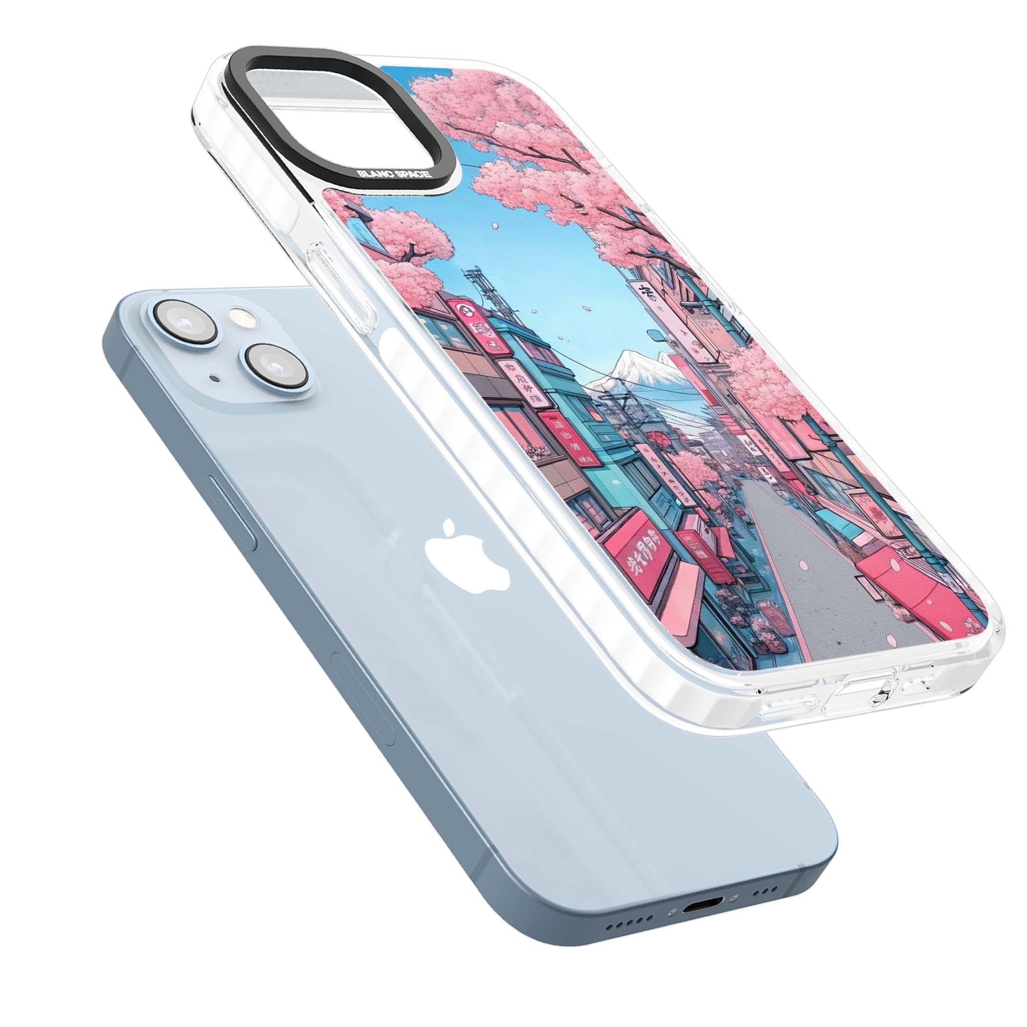 Sakura Lane anime iPhone case featuring Tokyo street scene with cherry blossoms and Mount Fuji | Clear Impact case for iPhone 13, iPhone 14, iPhone 15