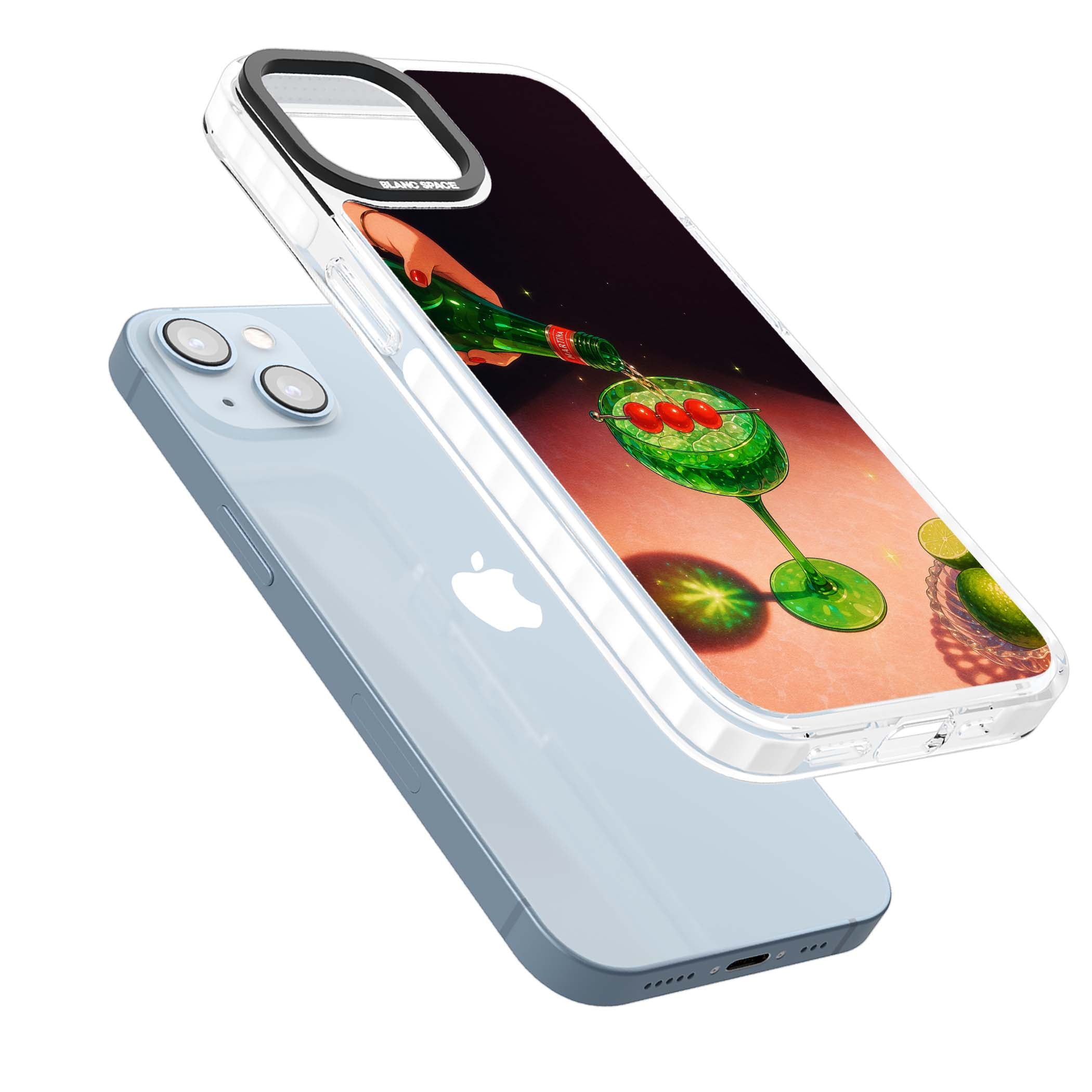 Absinthe Hour cocktail iPhone case featuring a green coupe glass, cherry garnish and vintage bottle pour illustration | Clear Impact case for iPhone 13, iPhone 14, iPhone 15
