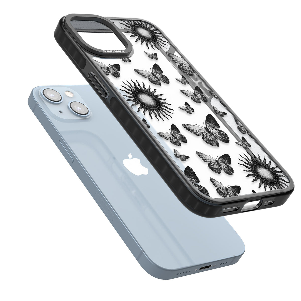 Butterflies Suns iPhone 12 / 12 Pro / iPhone 13 / iPhone 14 / iPhone 14 Plus / iPhone 15 / iPhone 15 Plus Impact Black Phone Case angled