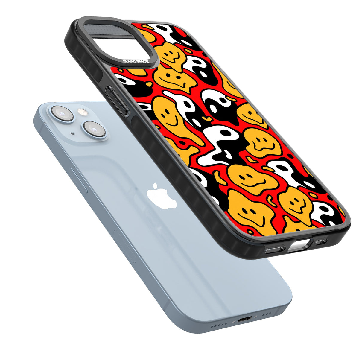 Yin Yang Acid Face iPhone 12 / 12 Pro / iPhone 13 / iPhone 14 / iPhone 14 Plus / iPhone 15 / iPhone 15 Plus Impact Black Phone Case angled