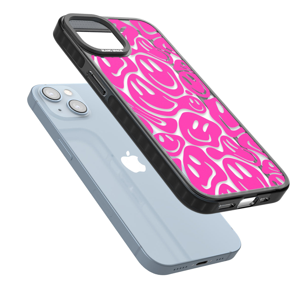 Pink Acid Faces iPhone 12 / 12 Pro / iPhone 13 / iPhone 14 / iPhone 14 Plus / iPhone 15 / iPhone 15 Plus Impact Black Phone Case angled
