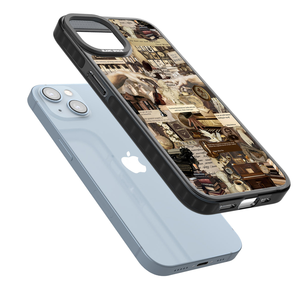 Antique Collage iPhone 12 / 12 Pro / iPhone 13 / iPhone 14 / iPhone 14 Plus / iPhone 15 / iPhone 15 Plus Impact Black Phone Case angled