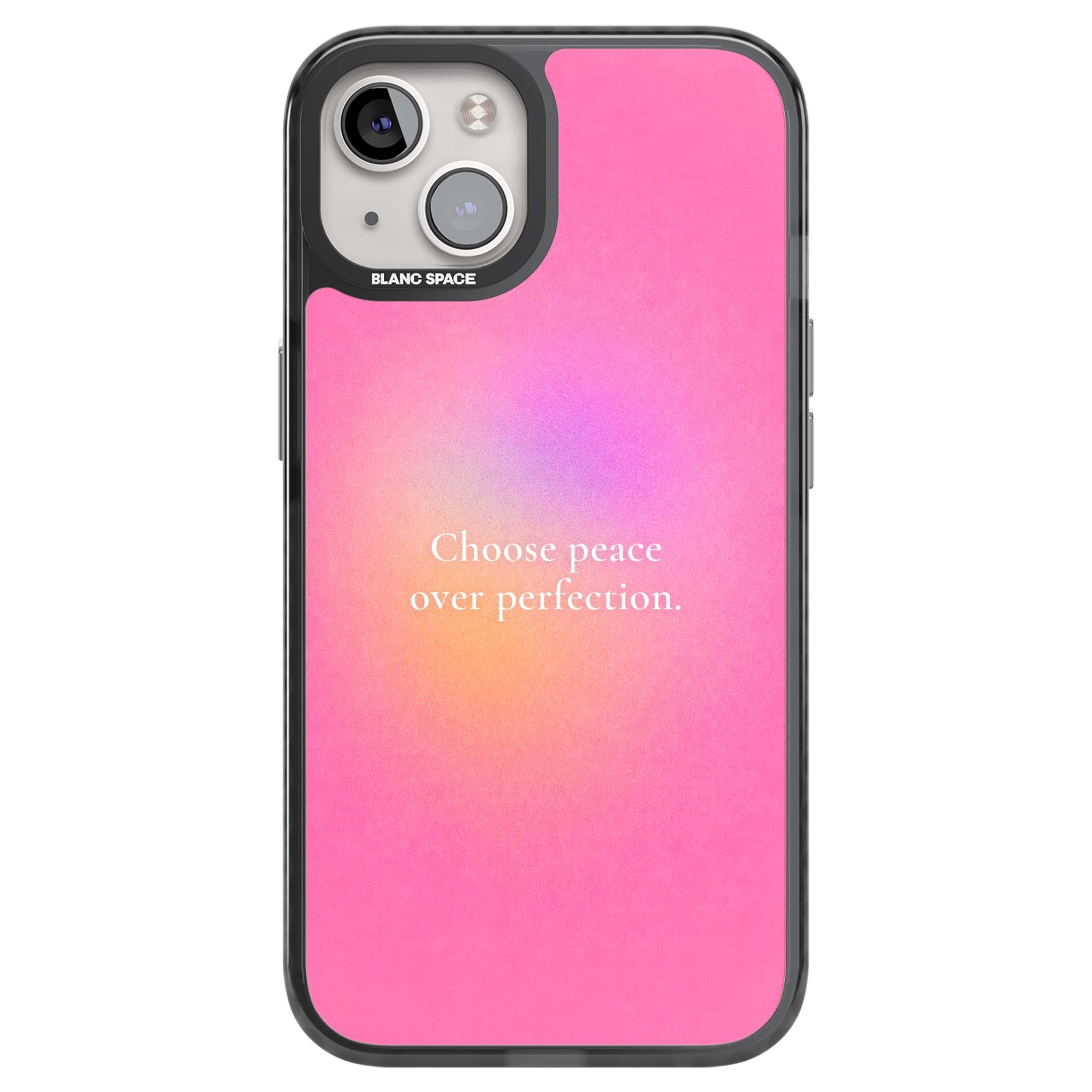 Peace Over Perfection quote iPhone case featuring a dreamy pink aura gradient and delicate white affirmation text | Black Impact case for iPhone 13, iPhone 14, iPhone 15