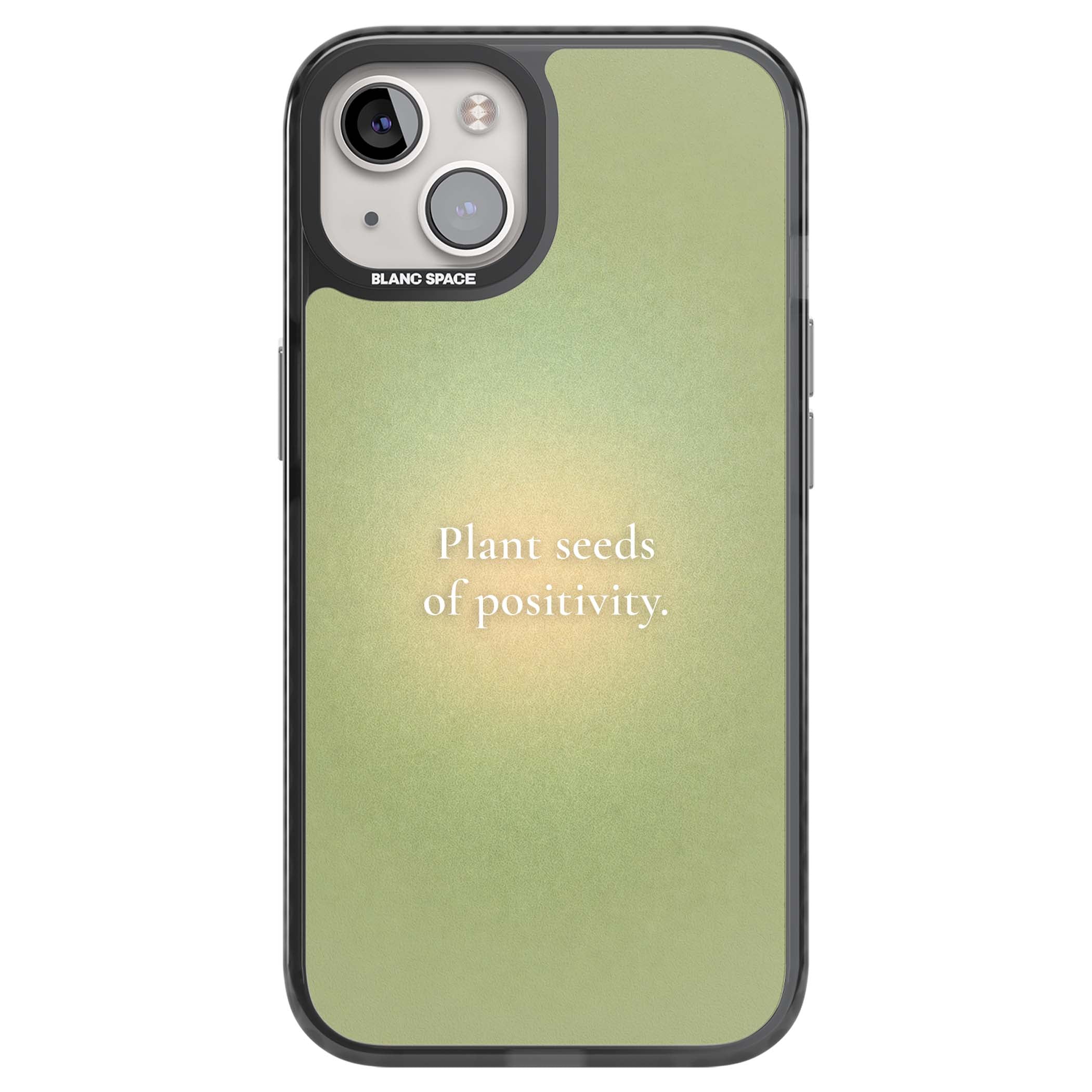 Seeds of Positivity quote iPhone case featuring a sage green aura gradient and golden glow affirmation | Black Impact case for iPhone 13, iPhone 14, iPhone 15
