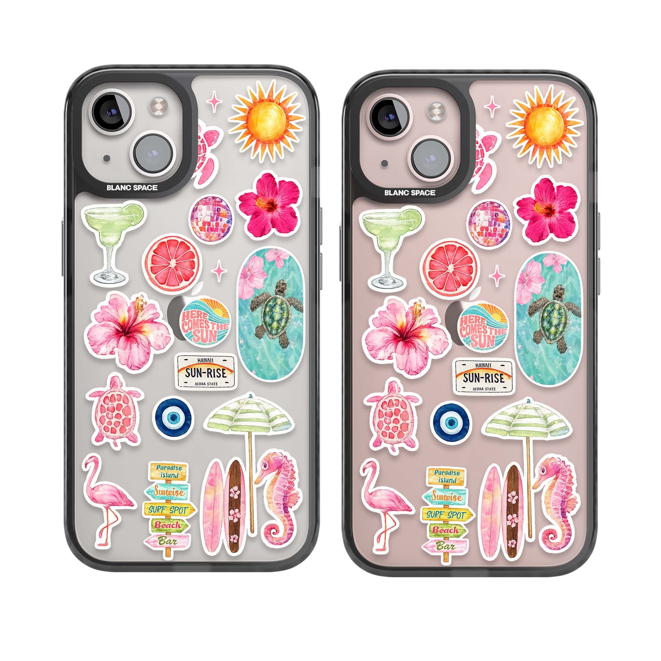 Aloha Sticker Mix tropical summer iPhone case featuring pink hibiscus, sea turtles, flamingo and beach umbrella stickers | Black Impact case for iPhone 13, iPhone 14, iPhone 15