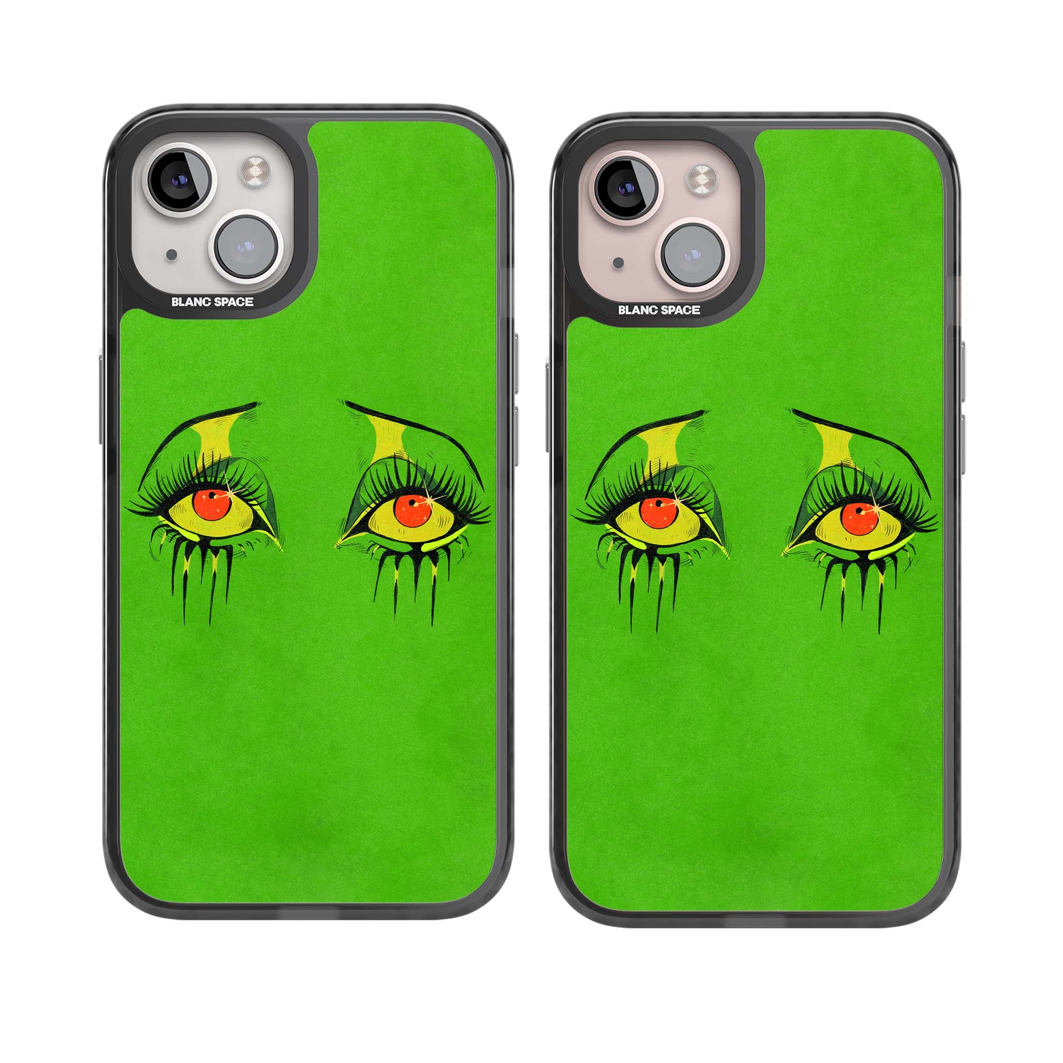 Green Enchanted Eyes psychedelic art iPhone case featuring hand-drawn dripping eyes on neon green background | Black Impact case for iPhone 13, iPhone 14, iPhone 15