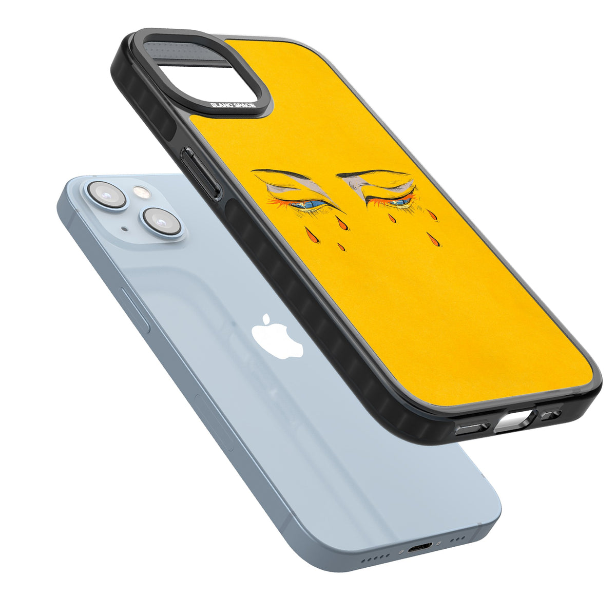 Yellow Tearful Eyes iPhone 12 / 12 Pro / iPhone 13 / iPhone 14 / iPhone 14 Plus / iPhone 15 / iPhone 15 Plus Impact Black Phone Case angled