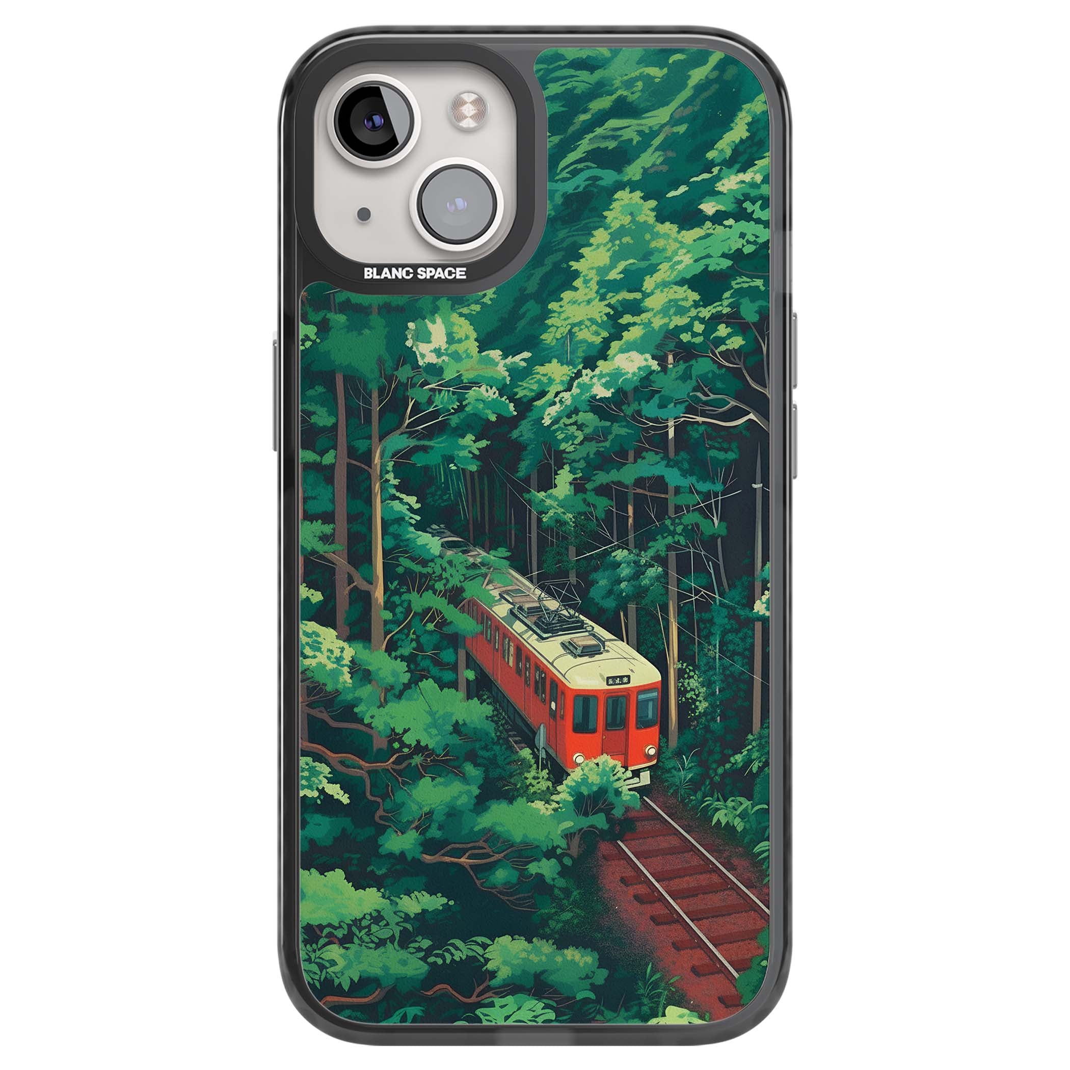 Railway In Toyama Japanese iPhone case featuring a red train, cedar forest and winding mountain railway tracks | Black Impact case for iPhone 13, iPhone 14, iPhone 15