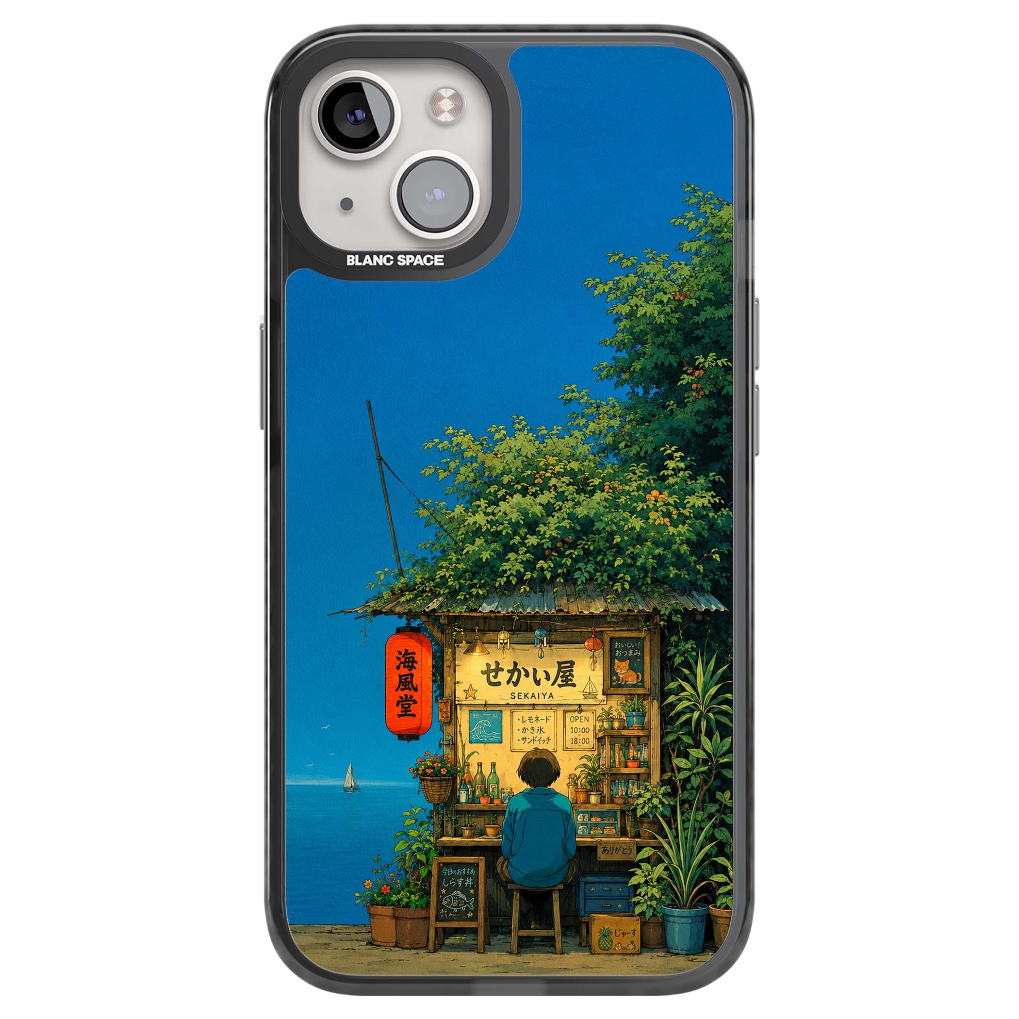 The Shirahama Kiosk anime iPhone case featuring a Japanese seaside shop, red paper lantern and ocean view | Black Impact case for iPhone 13, iPhone 14, iPhone 15