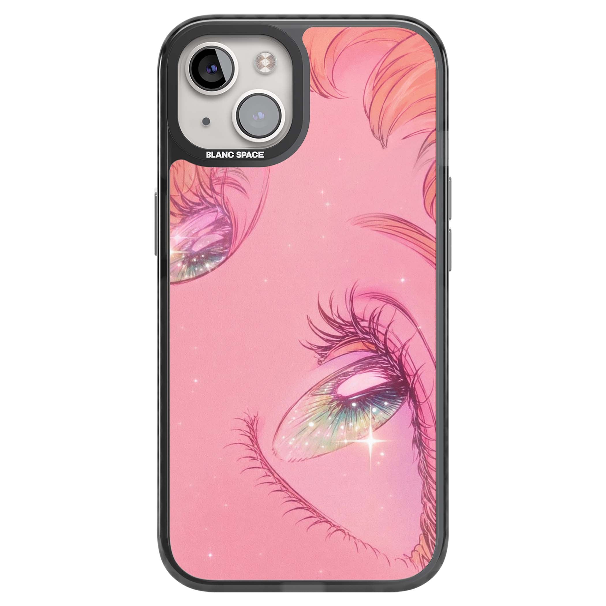 Pink Ethereal Gaze anime iPhone case featuring sparkling manga eyes, coral lashes and dreamy peach sky | Black Impact case for iPhone 13, iPhone 14, iPhone 15