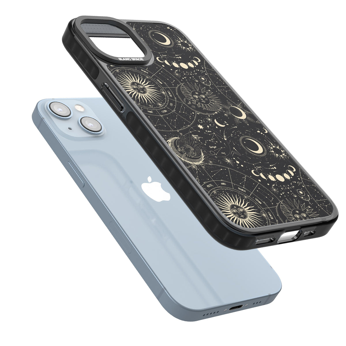 Celestial Cipher iPhone 12 / 12 Pro / iPhone 13 / iPhone 14 / iPhone 14 Plus / iPhone 15 / iPhone 15 Plus Impact Black Phone Case angled