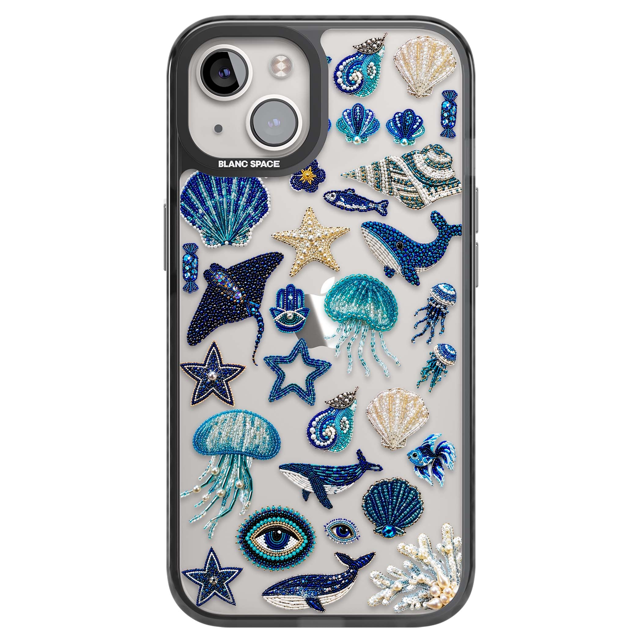 Beaded Coastal coastal iPhone case featuring embroidered seashells, jellyfish and a blue whale on clear | Black Impact case for iPhone 13, iPhone 14, iPhone 15