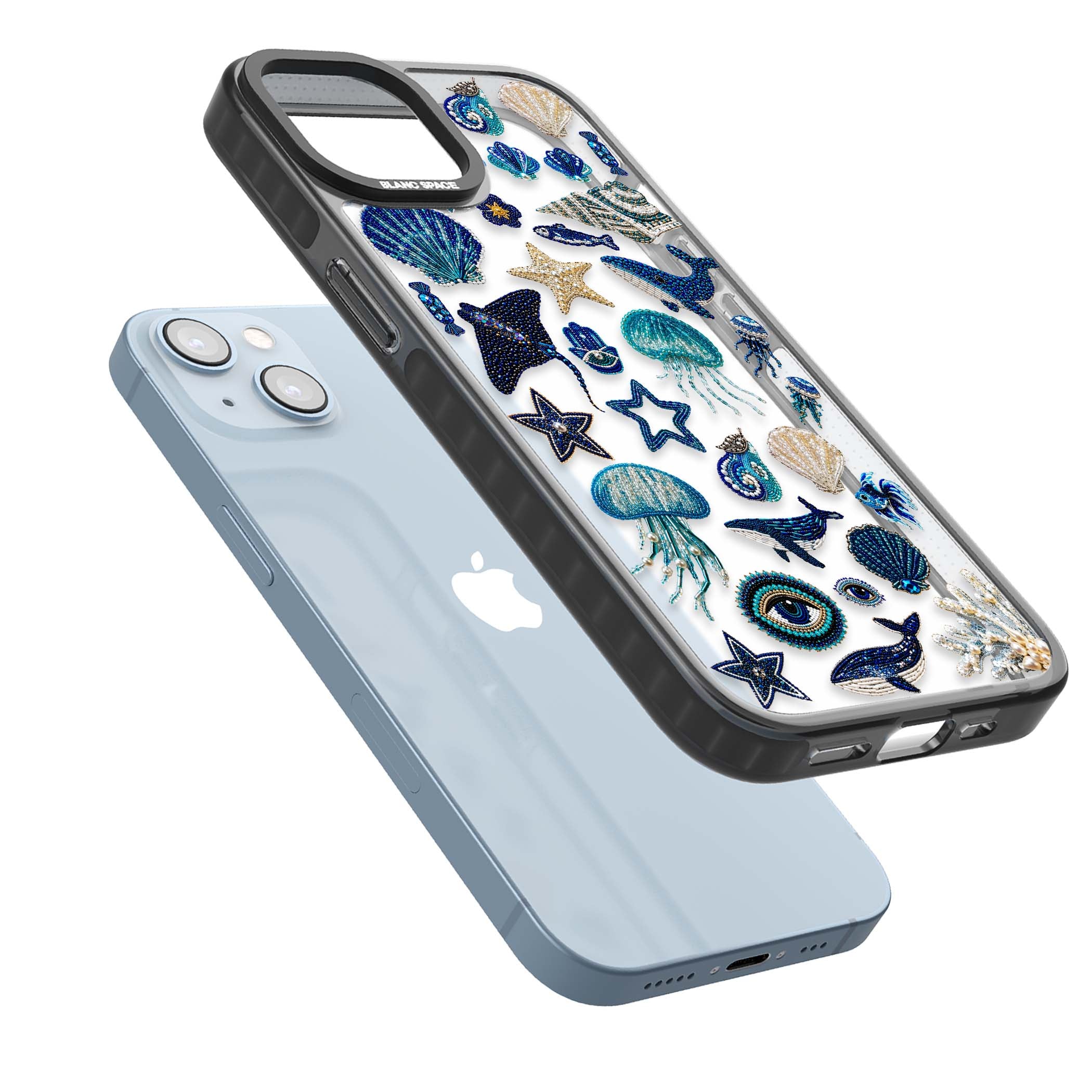 Beaded Coastal coastal iPhone case featuring embroidered seashells, jellyfish and a blue whale on clear | Black Impact case for iPhone 13, iPhone 14, iPhone 15