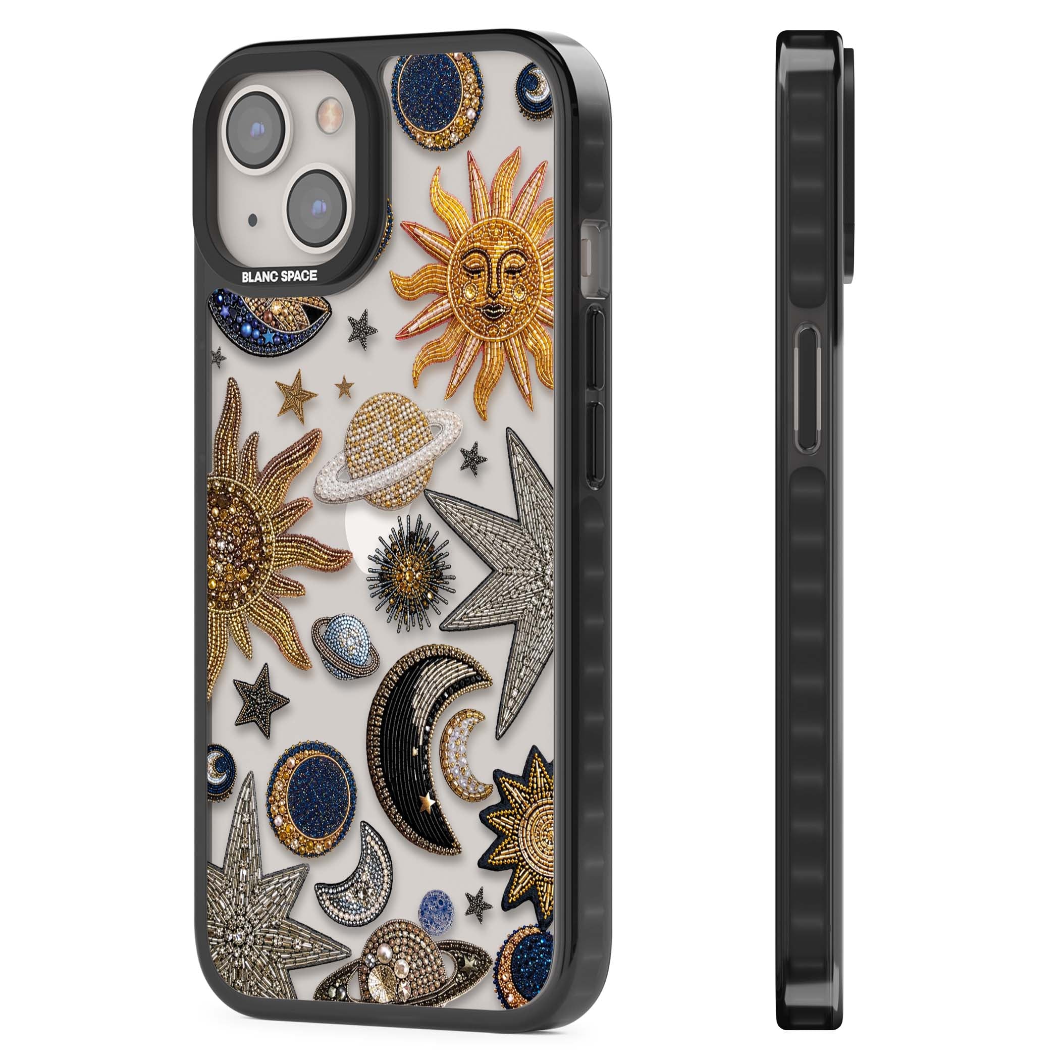 Beaded Cosmos celestial iPhone case featuring embroidered golden suns, beaded planets and silver shooting stars | Black Impact case for iPhone 13, iPhone 14, iPhone 15