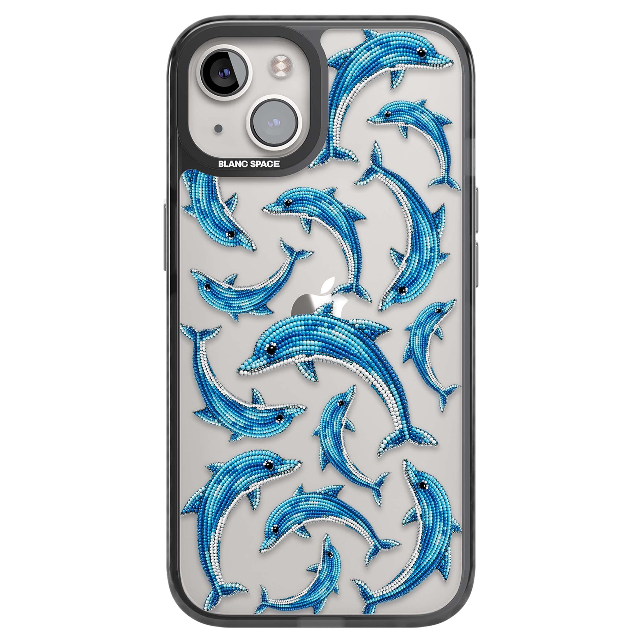 Beaded Dolphins coastal iPhone case featuring beaded dolphins in blue and white swimming across a clear background | Black Impact case for iPhone 13, iPhone 14, iPhone 15