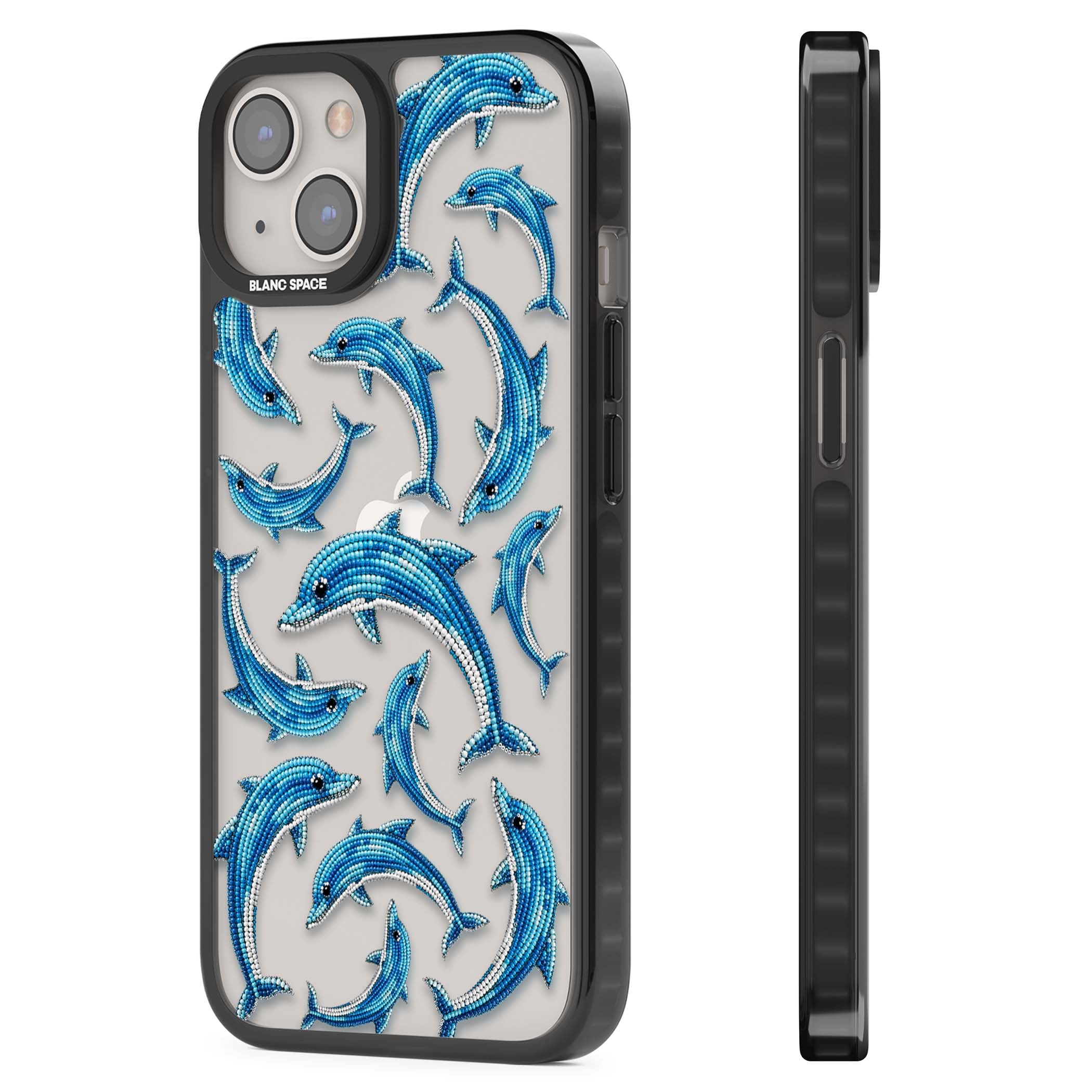 Beaded Dolphins coastal iPhone case featuring beaded dolphins in blue and white swimming across a clear background | Black Impact case for iPhone 13, iPhone 14, iPhone 15