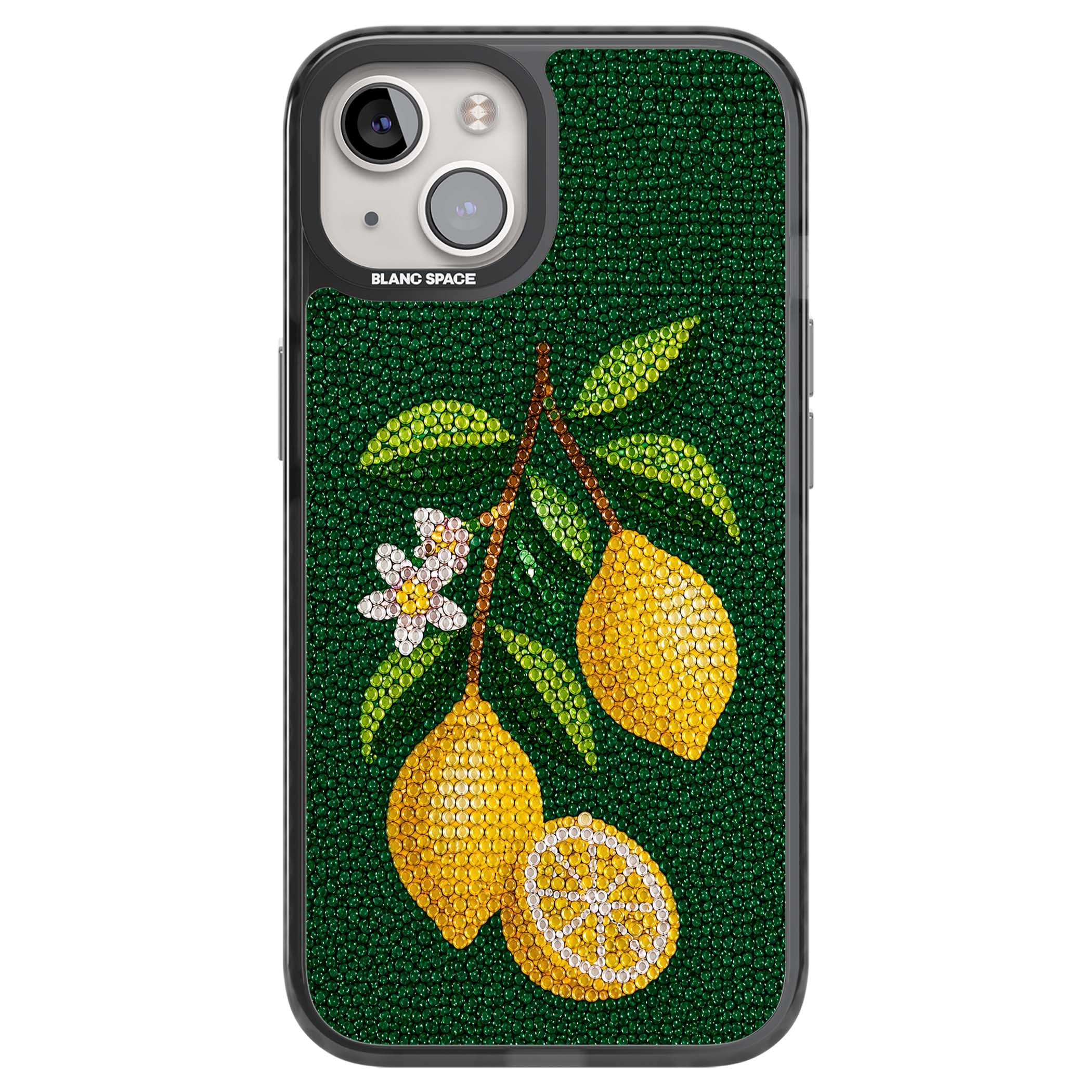 Beaded Lemons coastal iPhone case featuring crystal-beaded lemons, citrus blossom and green leaves on emerald ground | Black Impact case for iPhone 13, iPhone 14, iPhone 15