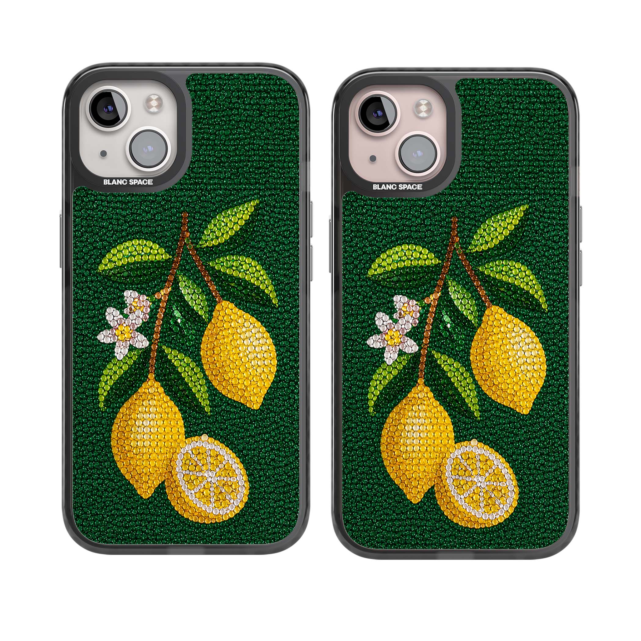Beaded Lemons coastal iPhone case featuring crystal-beaded lemons, citrus blossom and green leaves on emerald ground | Black Impact case for iPhone 13, iPhone 14, iPhone 15