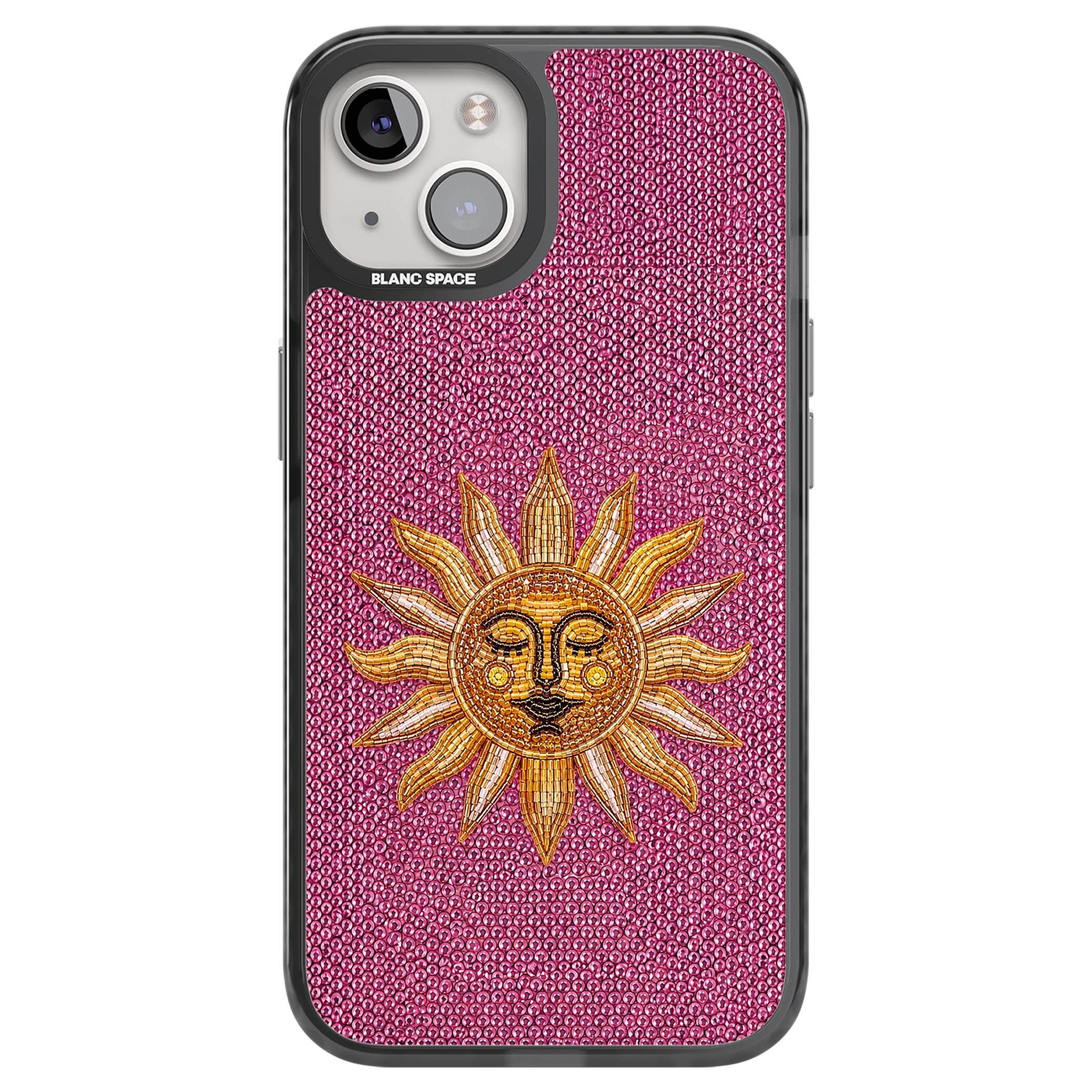 Beaded Sun celestial iPhone case featuring a golden beaded sun face with radiant rays on hot pink beaded background | Black Impact case for iPhone 13, iPhone 14, iPhone 15