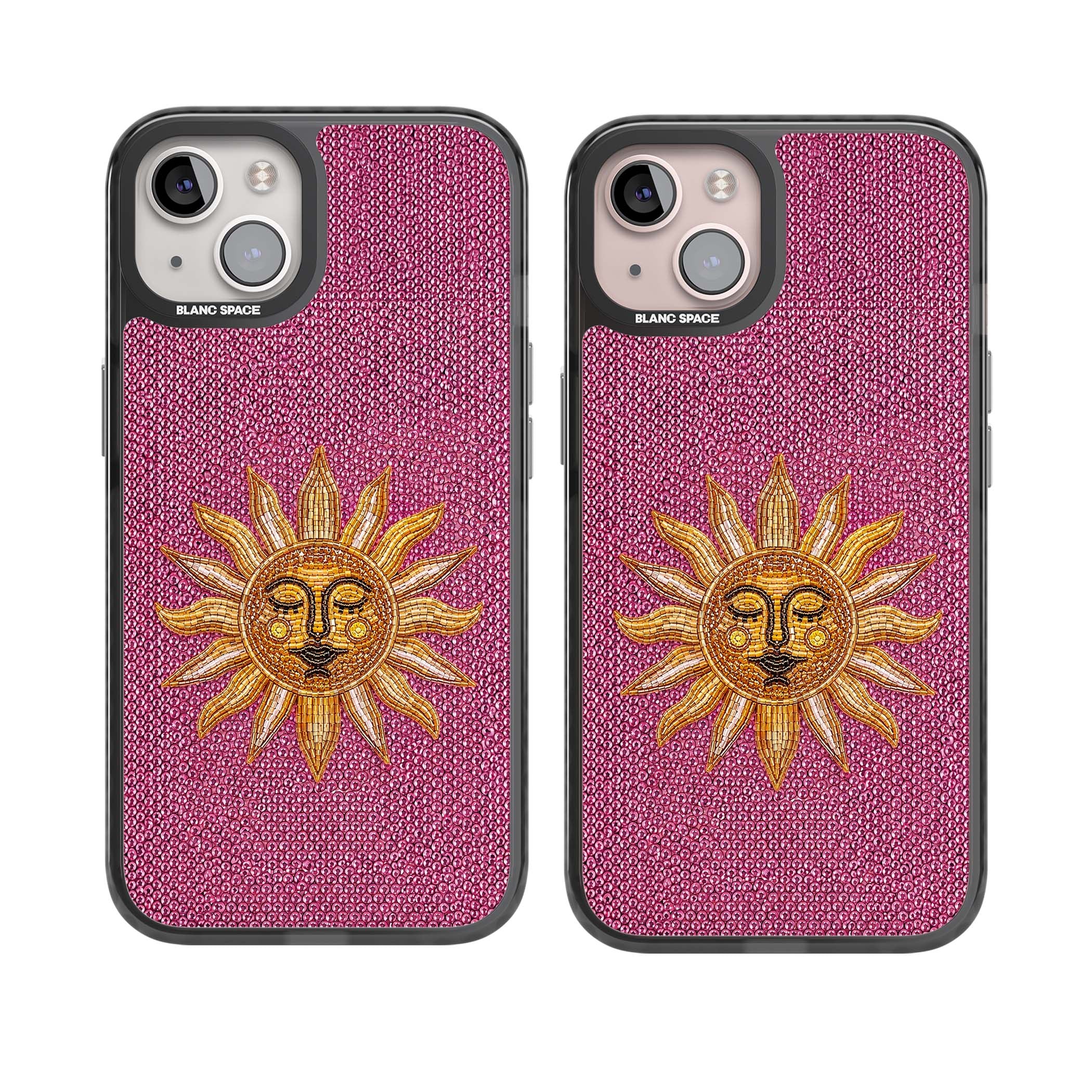 Beaded Sun celestial iPhone case featuring a golden beaded sun face with radiant rays on hot pink beaded background | Black Impact case for iPhone 13, iPhone 14, iPhone 15