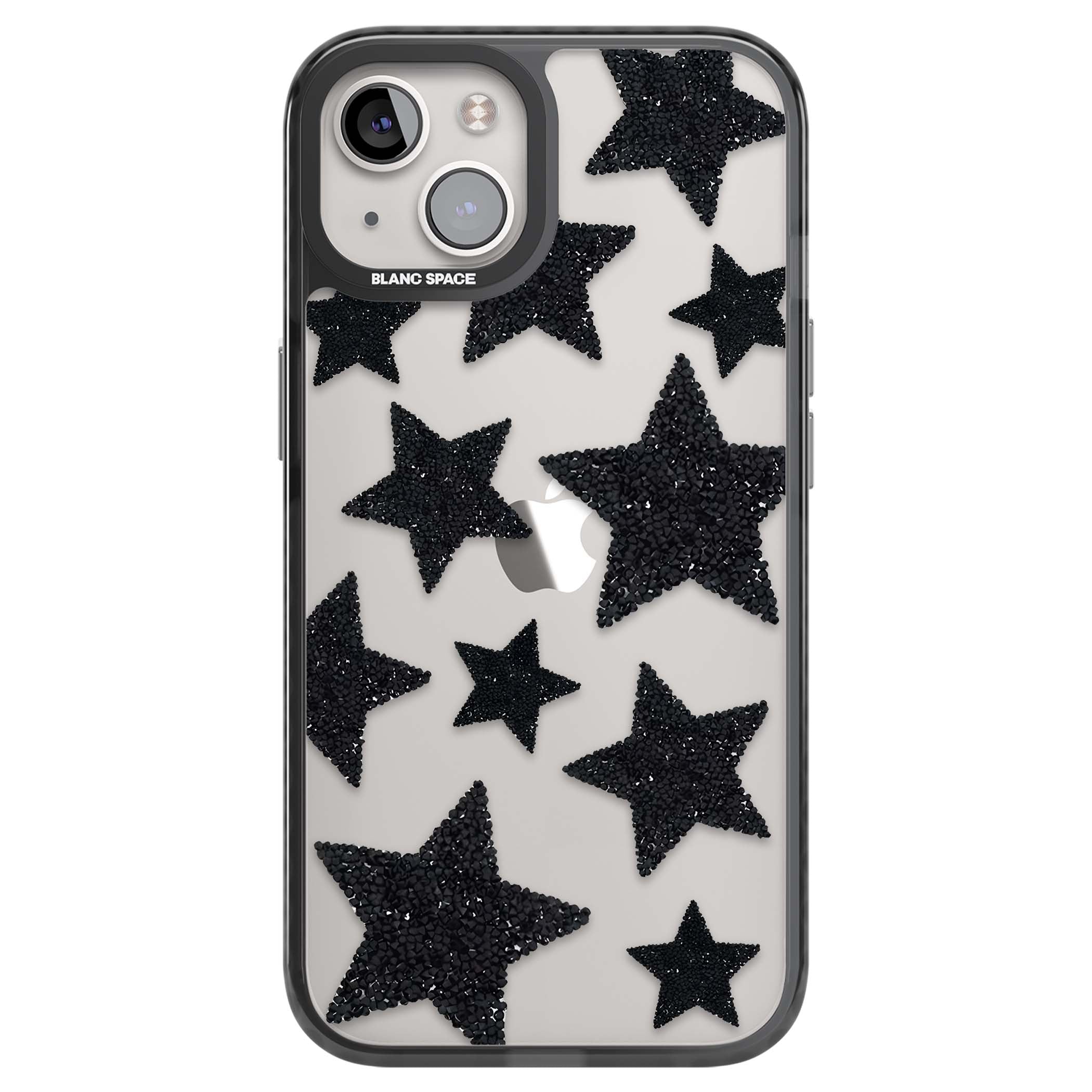 Beaded Black Stars celestial iPhone case featuring black glitter beaded stars scattered on a clear background | Black Impact case for iPhone 13, iPhone 14, iPhone 15