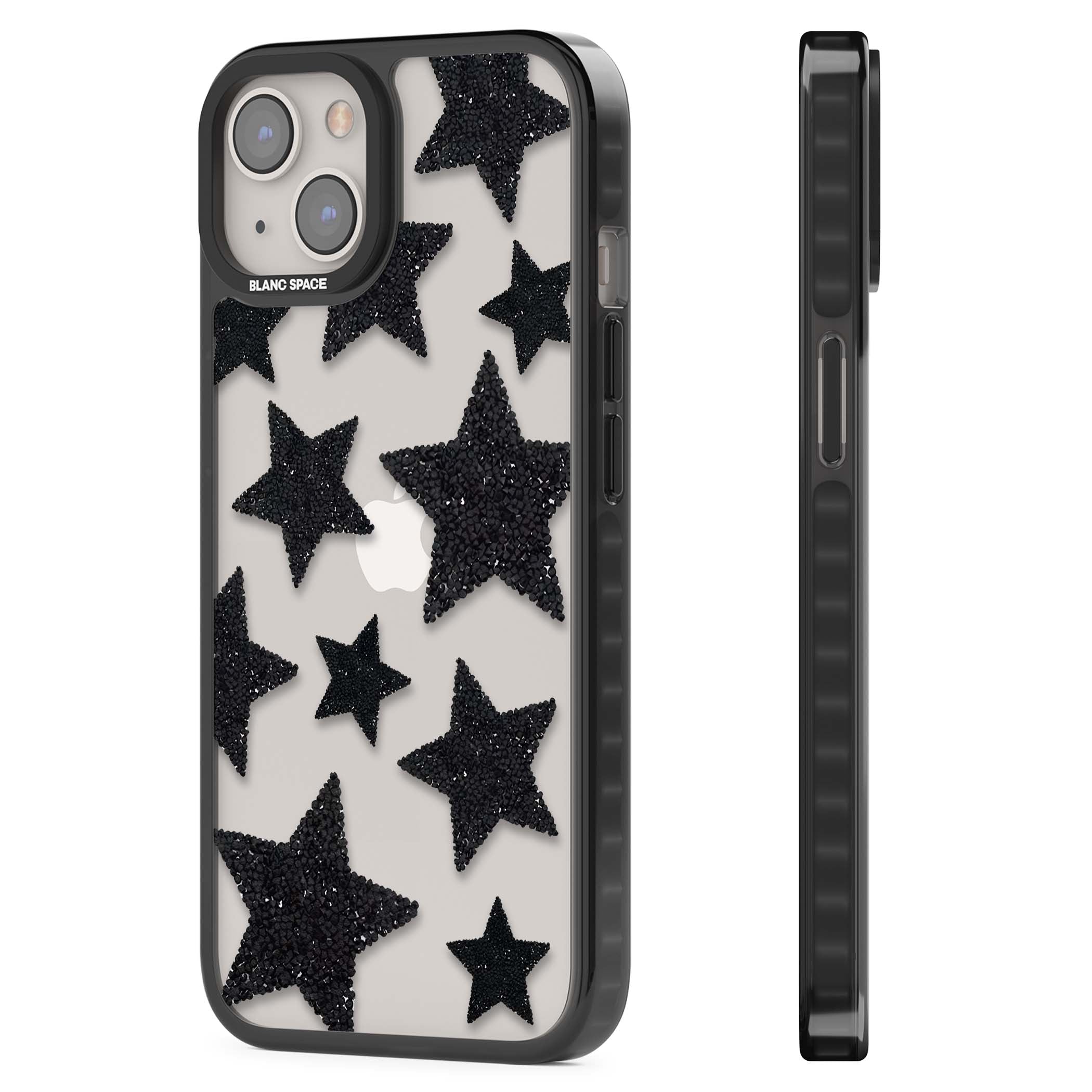 Beaded Black Stars celestial iPhone case featuring black glitter beaded stars scattered on a clear background | Black Impact case for iPhone 13, iPhone 14, iPhone 15