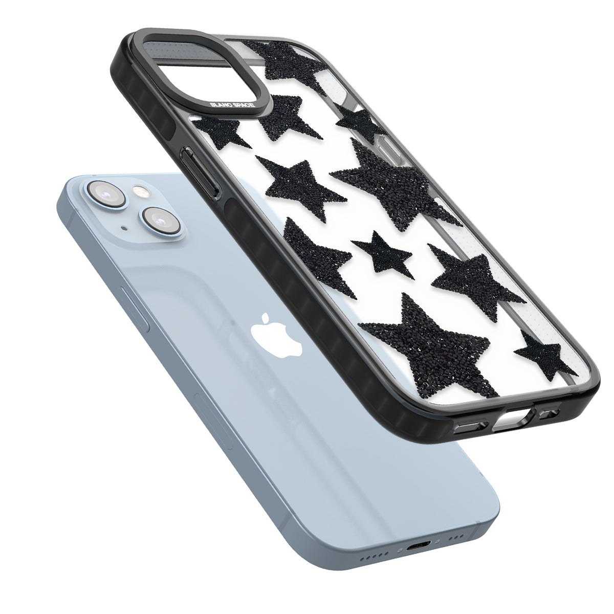 Beaded Black Stars iPhone 12 / 12 Pro / iPhone 13 / iPhone 14 / iPhone 14 Plus / iPhone 15 / iPhone 15 Plus Impact Black Phone Case angled